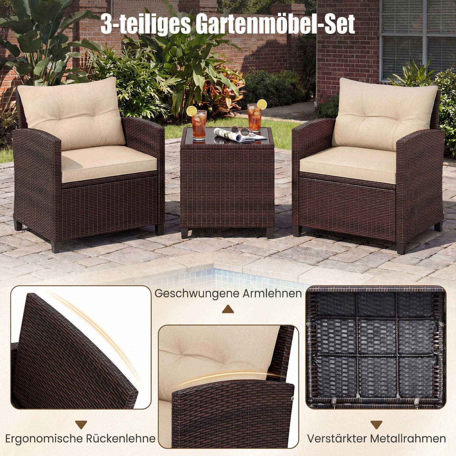COSTWAY Gartenlounge-Set, (3-tlg., 2 Sessel & 1 Tisch), Rattan mit Kissen, Balkonset