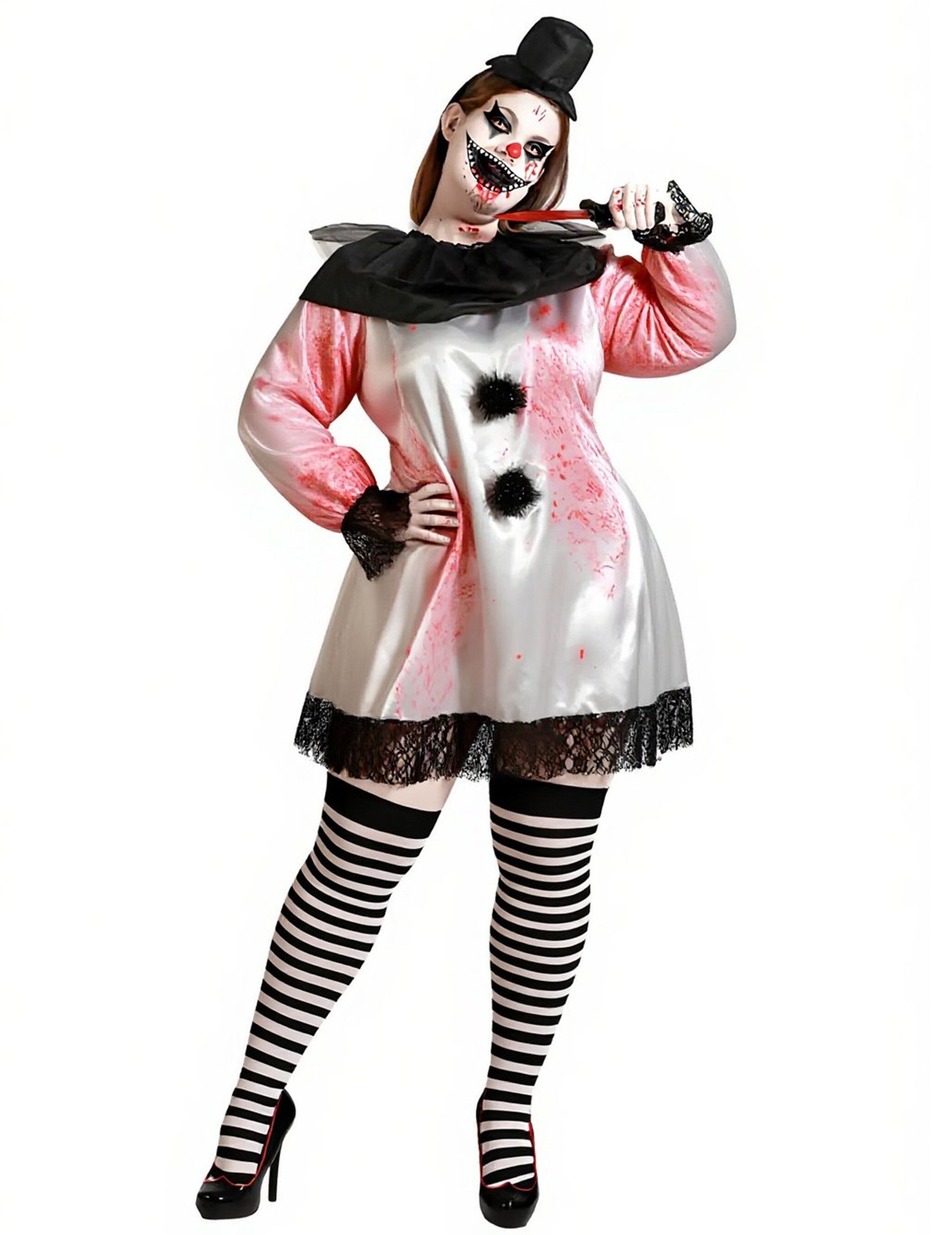atosa Clown-Kostüm Pierrot Damenkostüm in Übergröße weiß rot