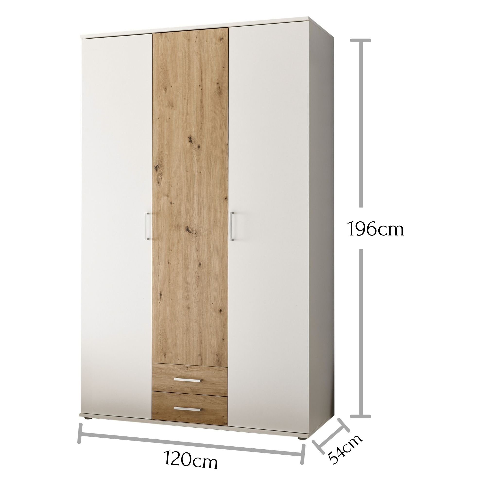 3 möbelando 2 / Türen Artisan und in mit Schubladen cm) (BxHxT: Marburg 120x196x54 Eiche Kleiderschrank Weiß