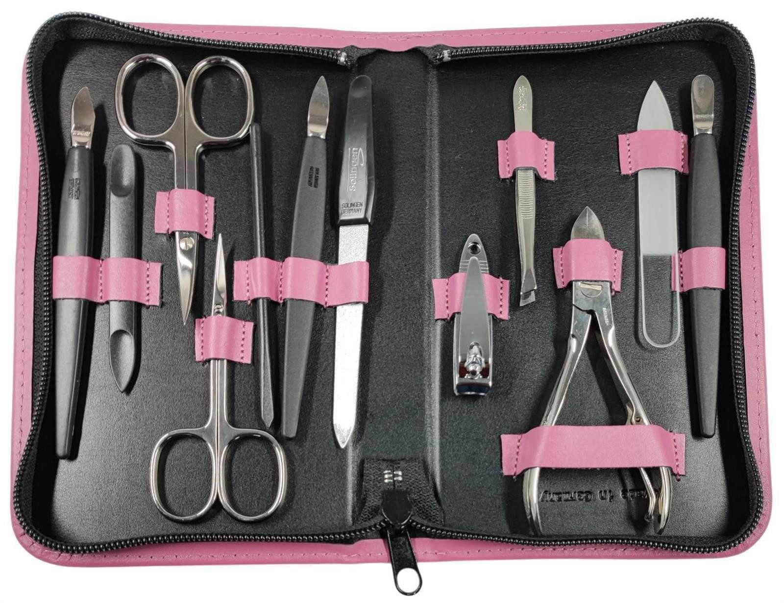 EloModa Maniküre-Kosmetik-Etui 12teiliges Solingen* Maniküre Set mit Leder-Etui Nagelpflege, Made in, 12 tlg., Made in Germany, Solinger Qualität, Echtleder-Etui, Gehärteter Stahl