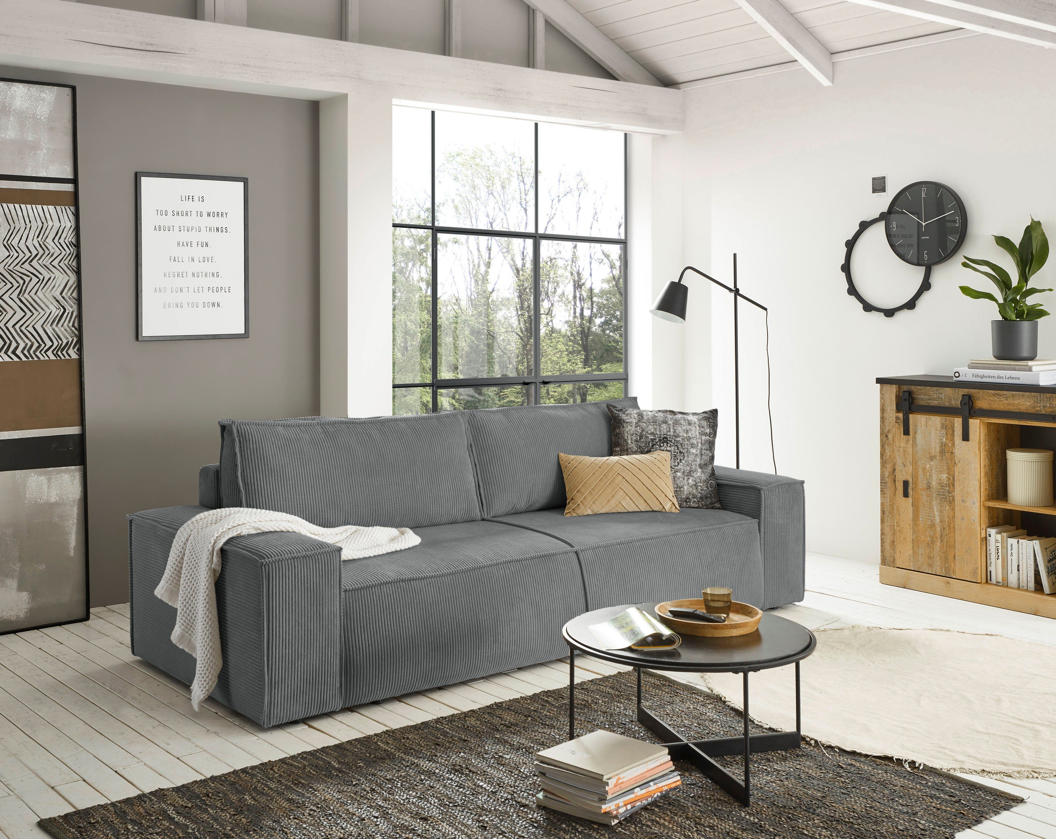 OTTO home 3-Sitzer SHERWOOD Cord Schlafsofa (257cm), Schlaffunktion mit Bettkasten (ca. 136/200cm)