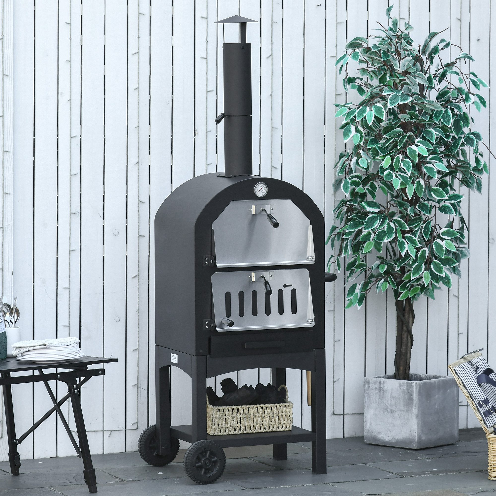 Pizzaofen 2-In-1 Outdoor Grillofen mit Rollen mit Schutzhülle