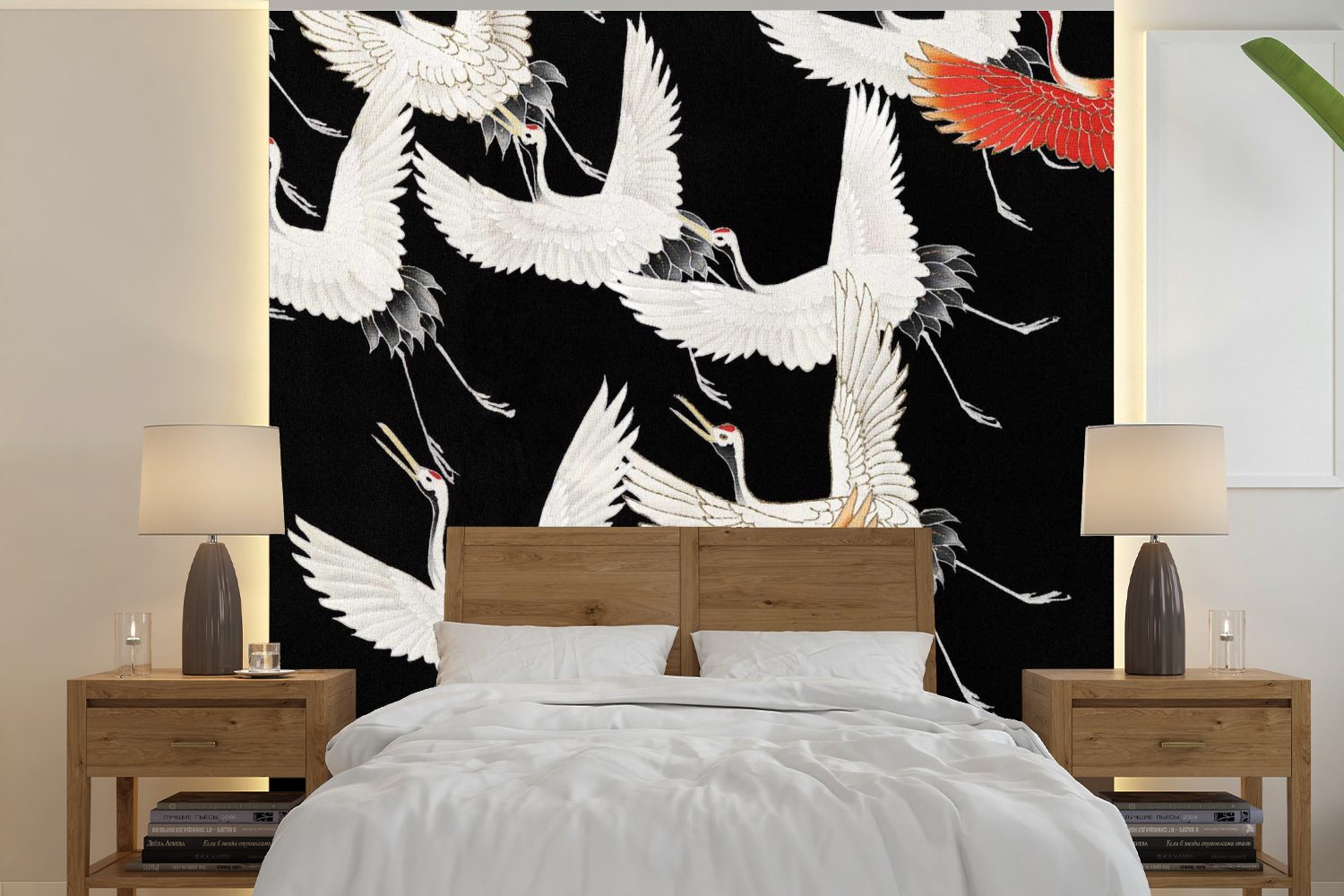 - Schlafzimmer, Japanisch (5 Rot Weiß, oder - - bedruckt, Matt, MuchoWow Wandtapete Wohnzimmer Kranich St), für Fototapete Vinyl Tapete