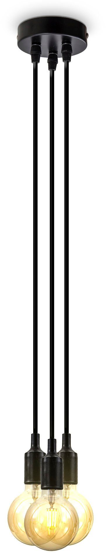 Hängeleuchte, 2,04 ohne Schwarz, Stoffkabel, Pendelleuchte Länge: E27, 3-flammige Meter Leuchtmittel, Pendellampe, BK_PL1294 Retro, mit B.K.Licht Leuchtmittel, Ohne