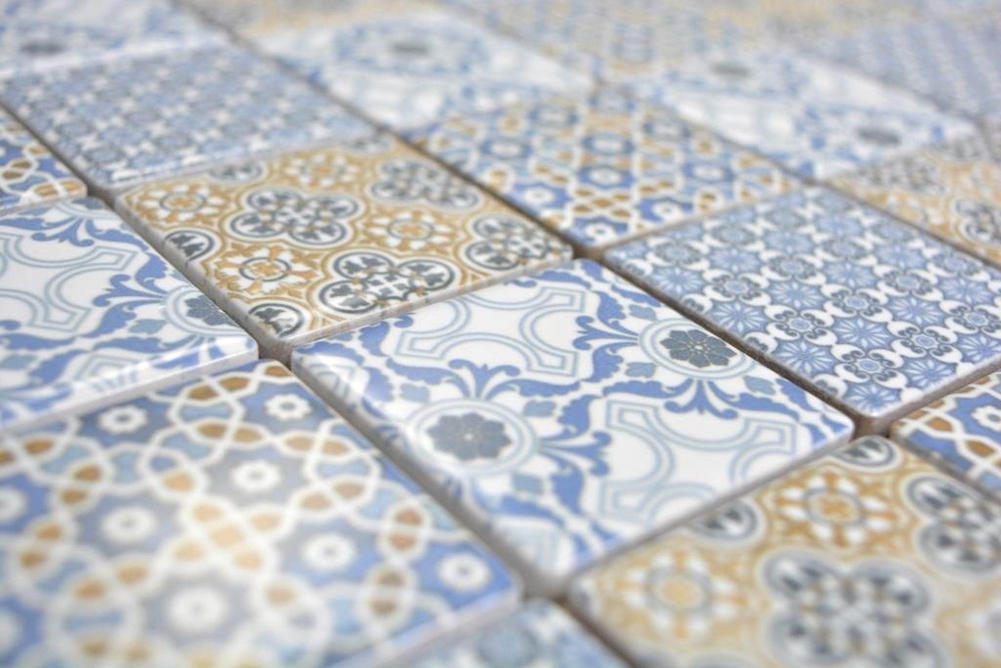 Mosani Mosaikfliesen Keramik Mosaik Fliese Retro beige gelb blau weis