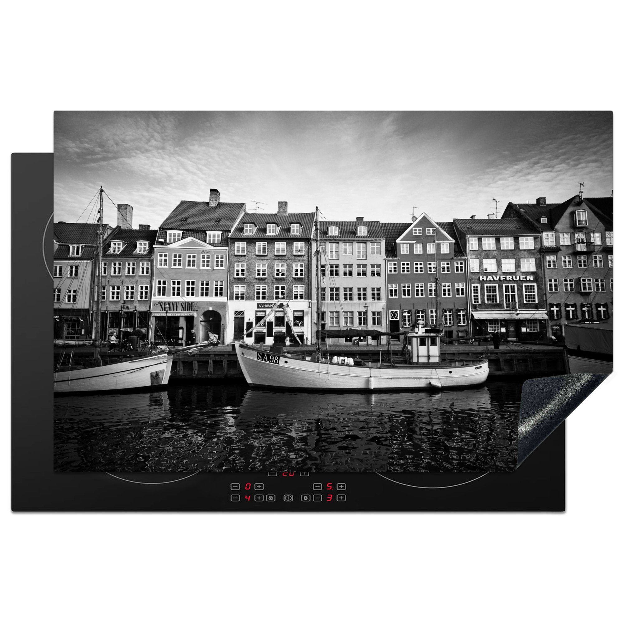 MuchoWow Herdblende-/Abdeckplatte Nyhavn in Kopenhagen Schutz Induktionskochfeld in (1 cm, für Vinyl, Ceranfeldabdeckung und Weiß, tlg), Schwarz 81x52 die küche