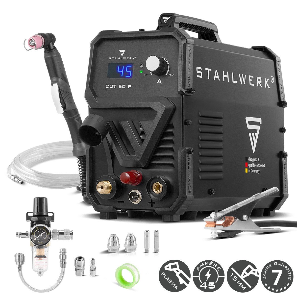STAHLWERK Plasmaschneidegerät Plasmaschneider CUT 50 P mit 15 - 45 A und Schneidleistung bis 15 mm, Packung, 1-tlg., Einzelgerät, bis 14 mm Schneidleistung