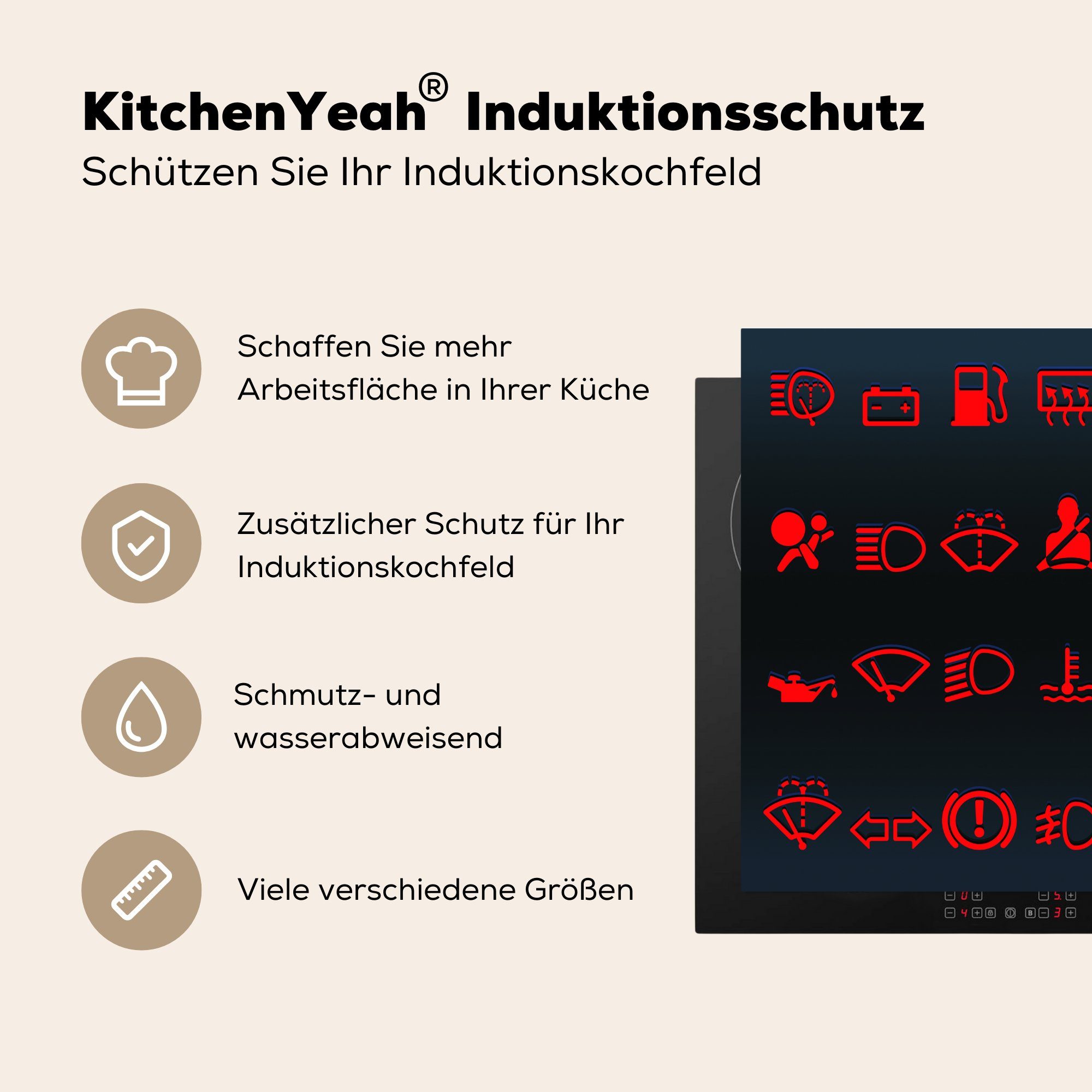 MuchoWow Herdblende-/Abdeckplatte Illustration auf dem tlg), Ceranfeldabdeckung, Symbole in Vinyl, Arbeitsplatte roten einem Auto (1 Armaturenbrett, der küche cm, für 78x78