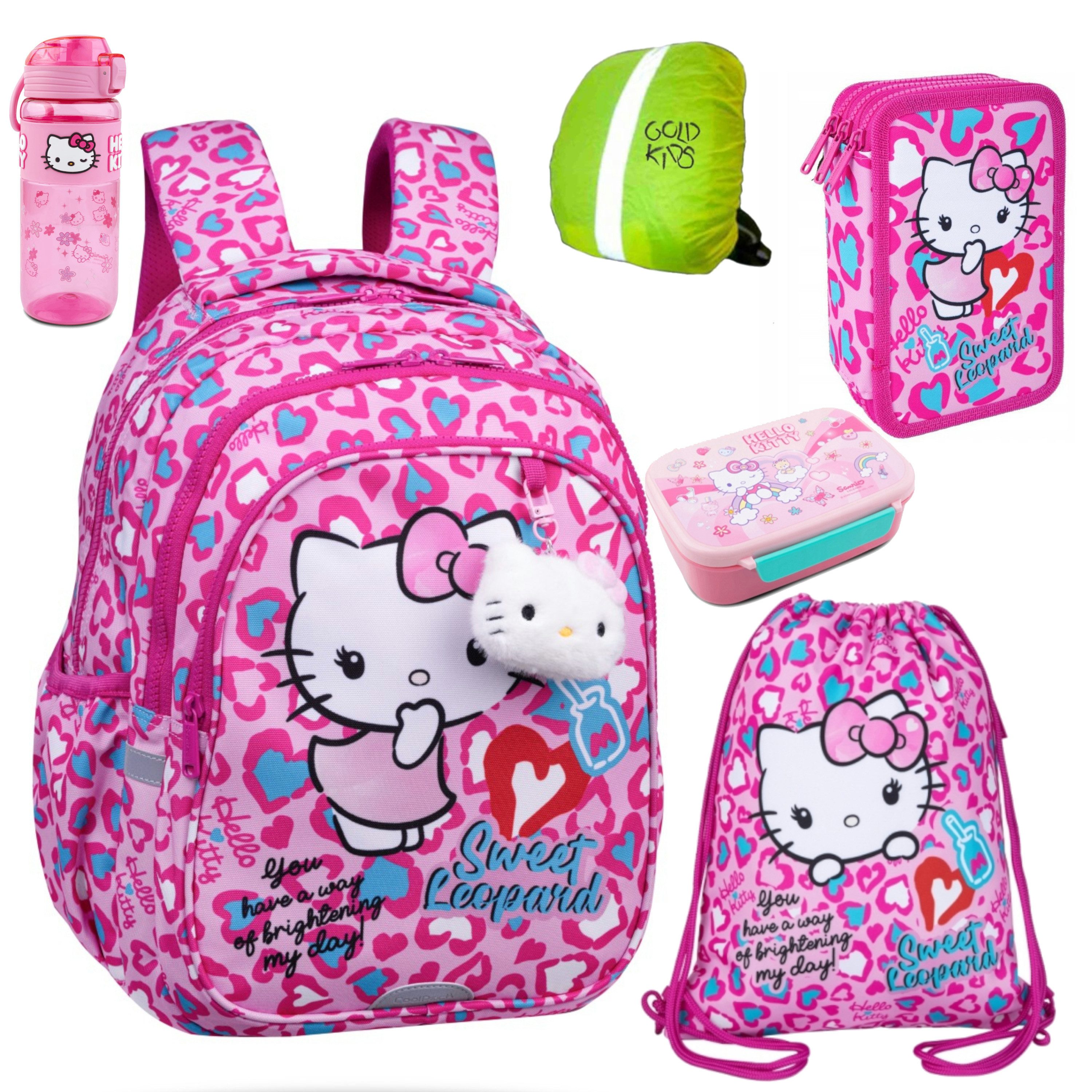 GOLDKIDS Schulranzen für Jungen und Mädchen, 6er-Set - (Schul-Rucksack für Kinder mit Federmäppchen, 1-tlg., Schuhbeutel und Regenschutz), - Hello Kitty Motiv