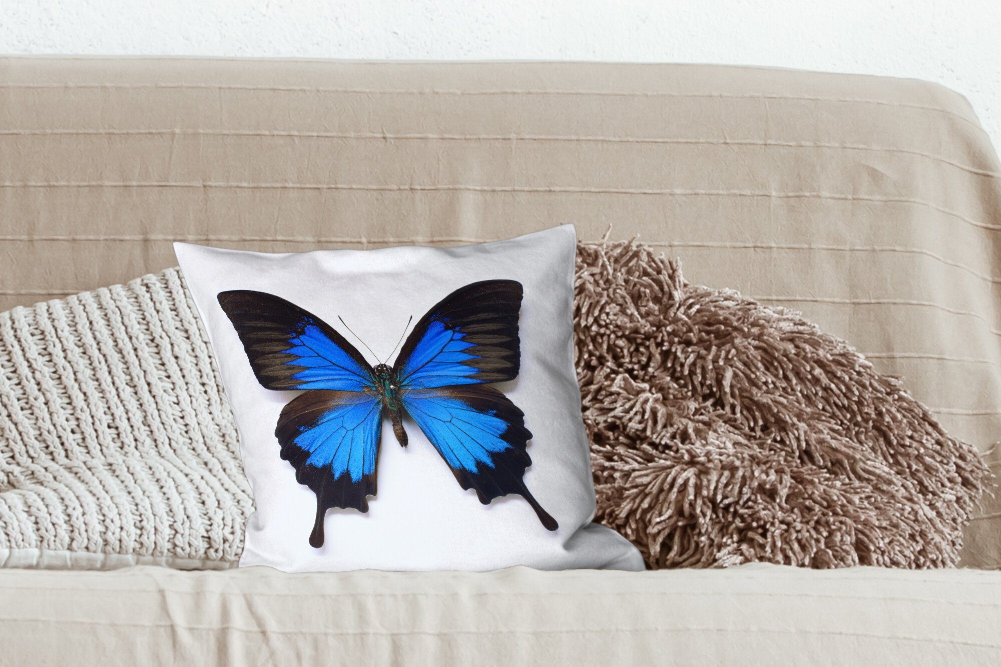 - MuchoWow Sofakissen Schlafzimmer, Insekten - Deko, Füllung Dekokissen mit Blau, für Wohzimmer, Schmetterling Zierkissen
