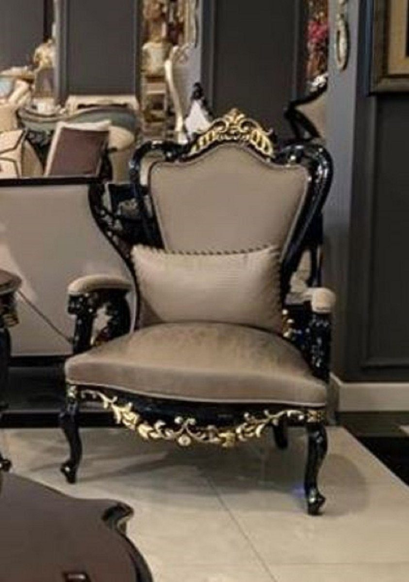 / Sessel Handgefertigter Schwarz Padrino - Gold Wohnzimmer Prunkvoll Sessel Edel Möbel Casa / Armlehnen & Wohnzimmer Sessel mit Barock - Barock gepolsterten - Luxus Silber