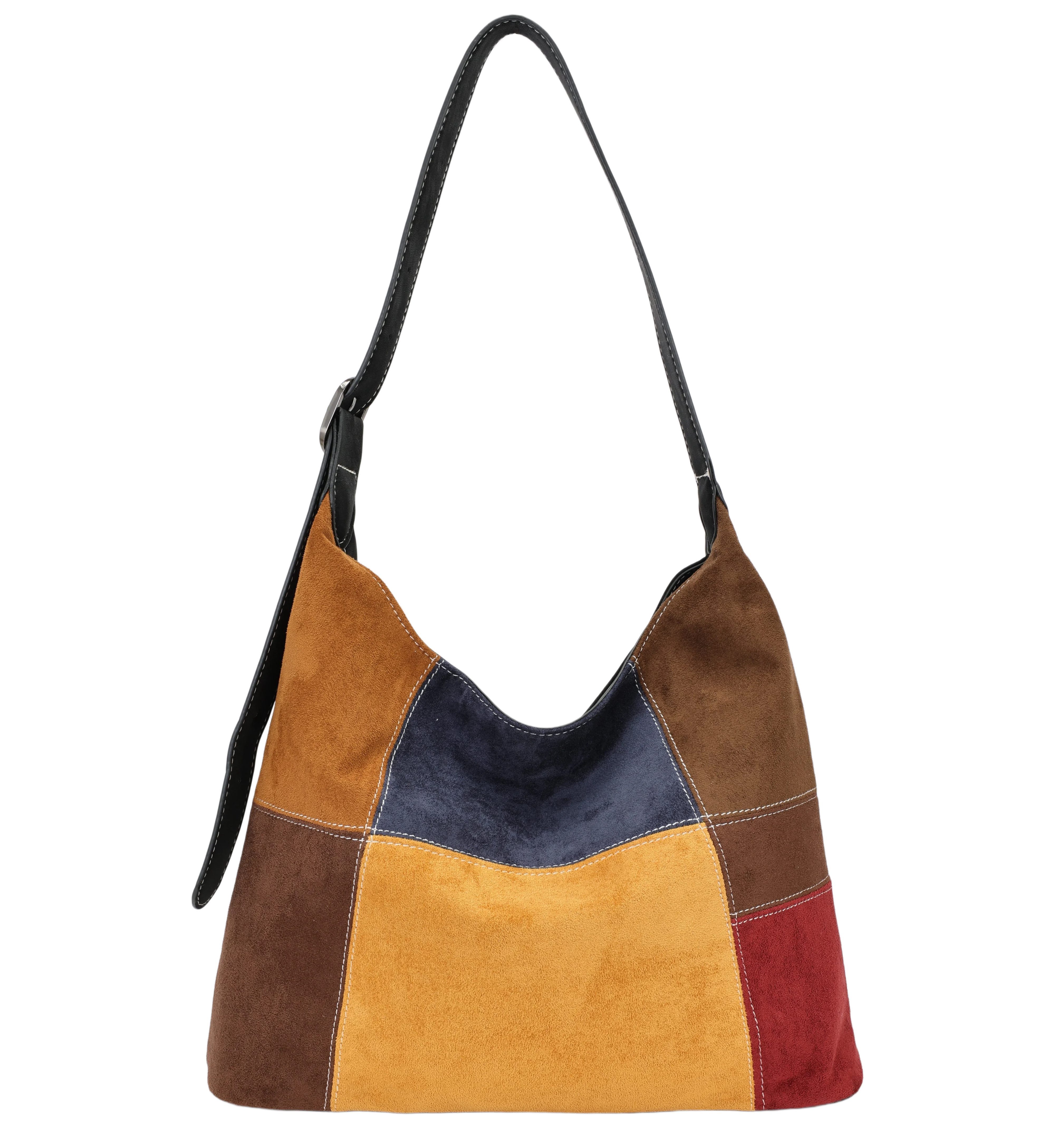 MIRROSI Umhängetasche Schultertasche in Wildleder-Optik – Hobo Bag, Patchwork-Design (Neue Kollektion Herbst/Winter 2026, ca. 38 x 12 x 30 cm), Reißverschluss & langem Trageriemen