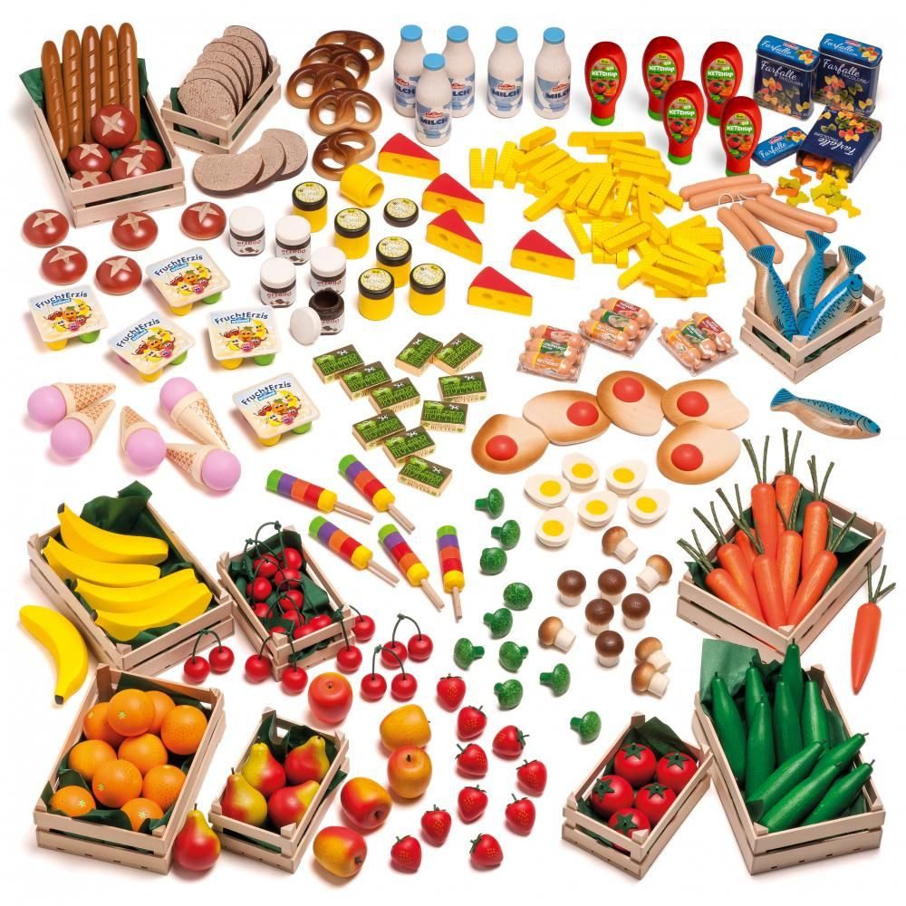 Erzi® Kaufladensortiment, (Set, 208-tlg), Kaufladensortierung aus Holz zum Spielen für Kinder, 208 Artikel