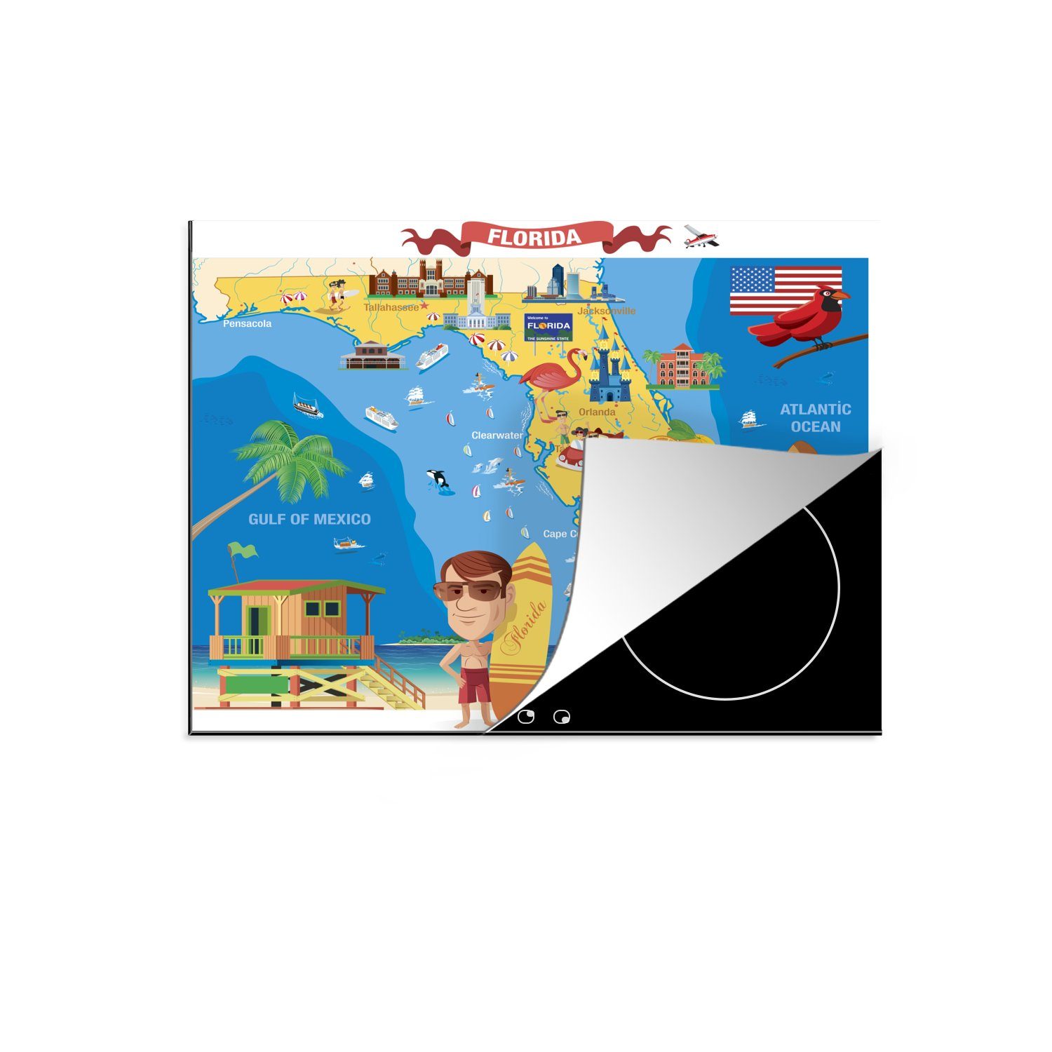 MuchoWow Herdblende-/Abdeckplatte Eine Cartoon-Illustration der Karte von Florida, Vinyl, (1 tlg), 57x51 cm, Induktionsschutz, Induktionskochfeld, Ceranfeldabdeckung