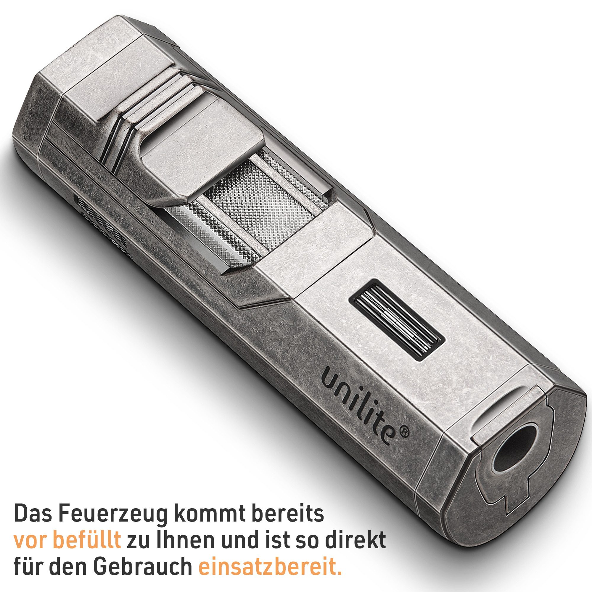 Unilite Feuerzeug Sturmfeuerzeug mit 100ml Gaskartusche, befüllt & nachfüllbar (2-St), windfestes Gasfeuerzeug mit Jetflame, Premium
