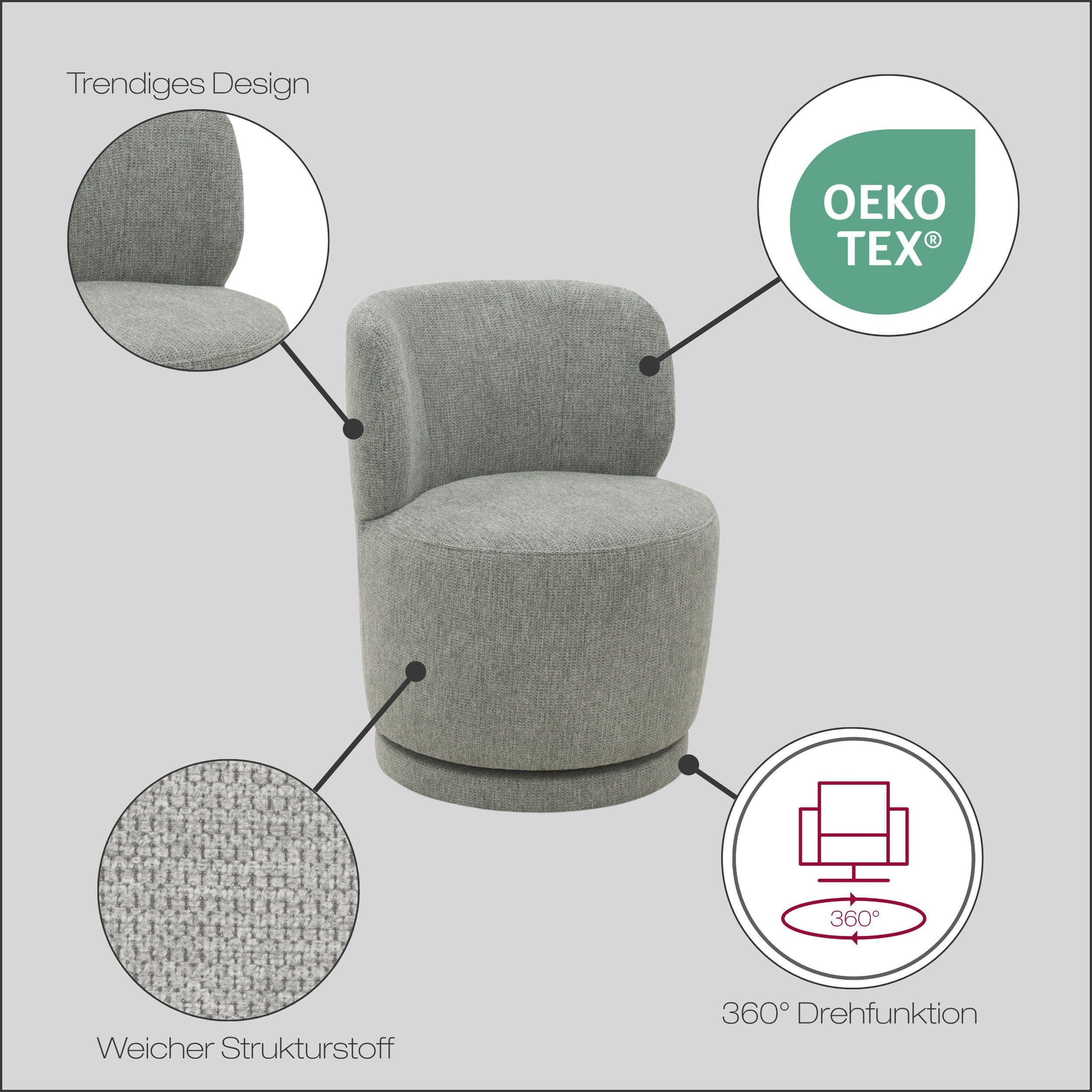 DOMO collection Sessel Ypres Loungesessel inkl. 360* Drehfunktion, Minimalistisches Design, Struktur weich, grau