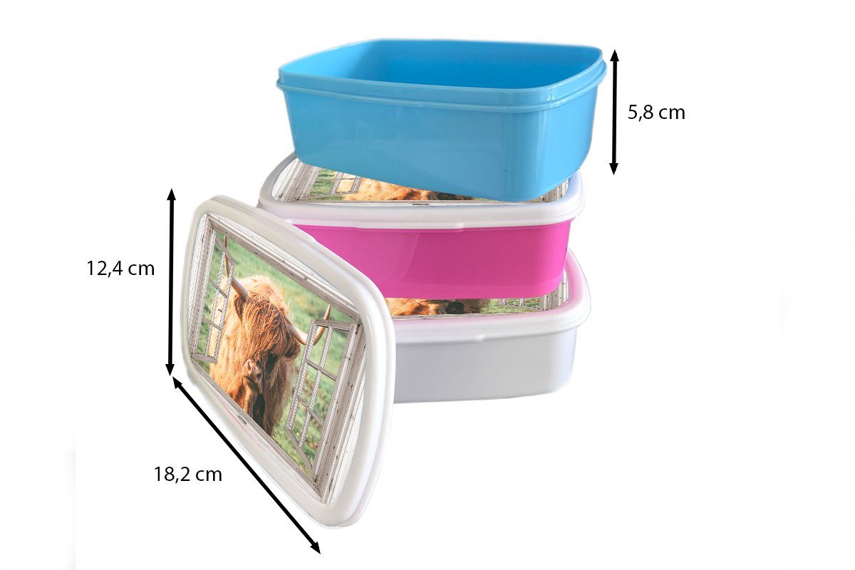 (2-tlg), Tier, - für Jungs Kunststoff, Lunchbox MuchoWow für Schottischer Kinder - Erwachsene, Brotdose, Fenster Highlander und und - Mädchen Brotbox Ansicht weiß