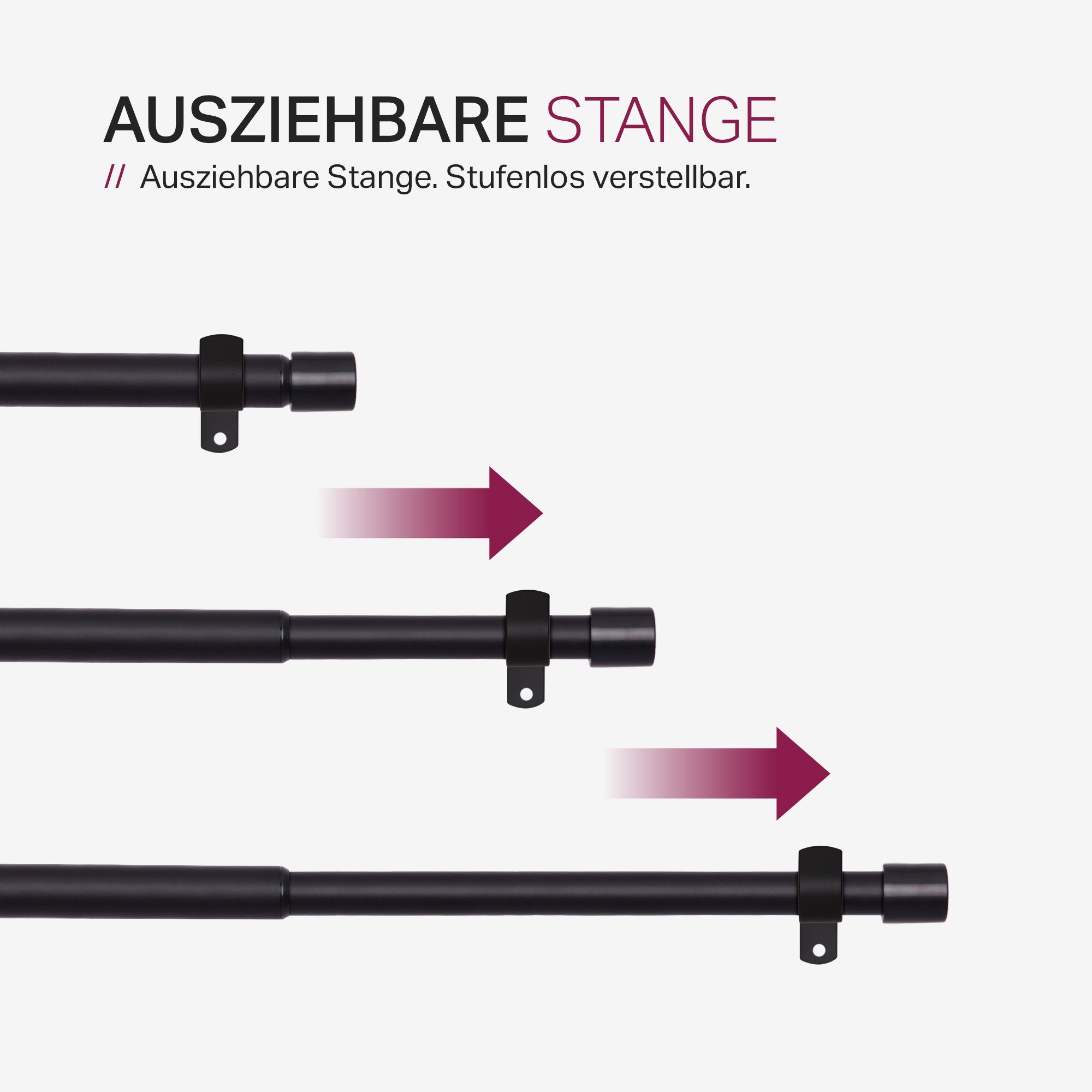 Bestlivings Gardinenstange Set mit dekorativen Endstücken, Ø 16 mm, 1-läufig, Wandträger, verschraubt, Metall, Kunststoff, Vorhangstange 120-220cm inkl. Ringe mit Faltlegehaken und Endstücken