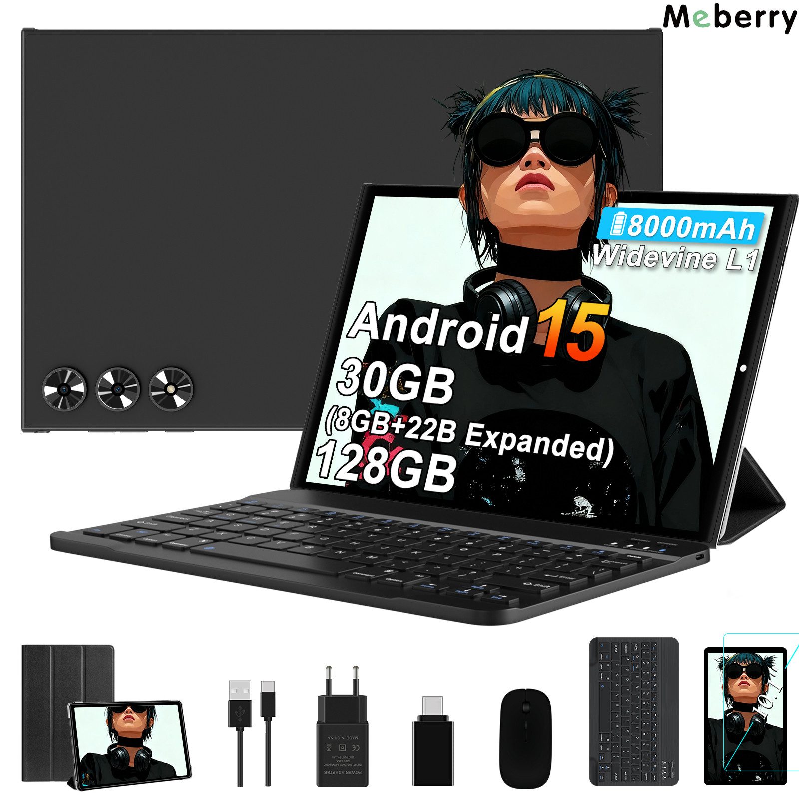 GOODTEL Meberry 2026 Tablet Android 15, WiFi, 30 GB RAM Tablet (10,1", 128 GB, Android 15, 8000 mAh, Widevine L1, mit Zubehör Tastatur, Maus)