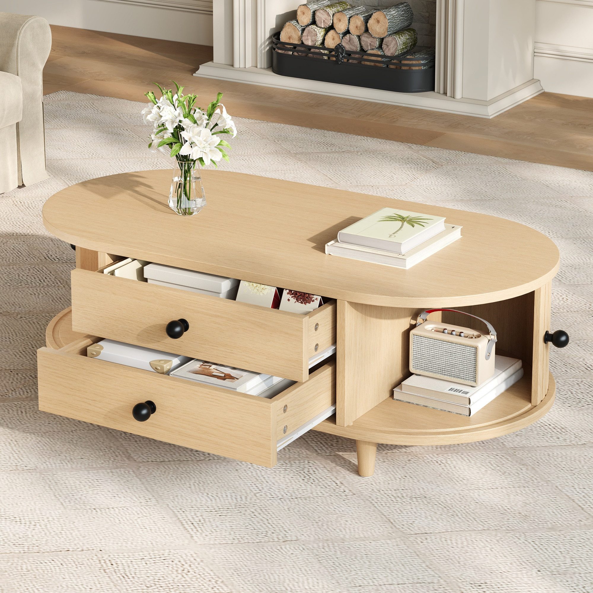 STILVORA Couchtisch Runder Wohnzimmertisch Sofatisch mit Rolltüren und Schubladen (Helle Holzoptik, MDF-Korpus, 100×50×36cm kompakte Form, Mit Rolltüren, 2 Schubladen und stabilen Massivholzbeinen), Für Wohnzimmer, Leseecken, Apartments und moderne Wohnbereiche