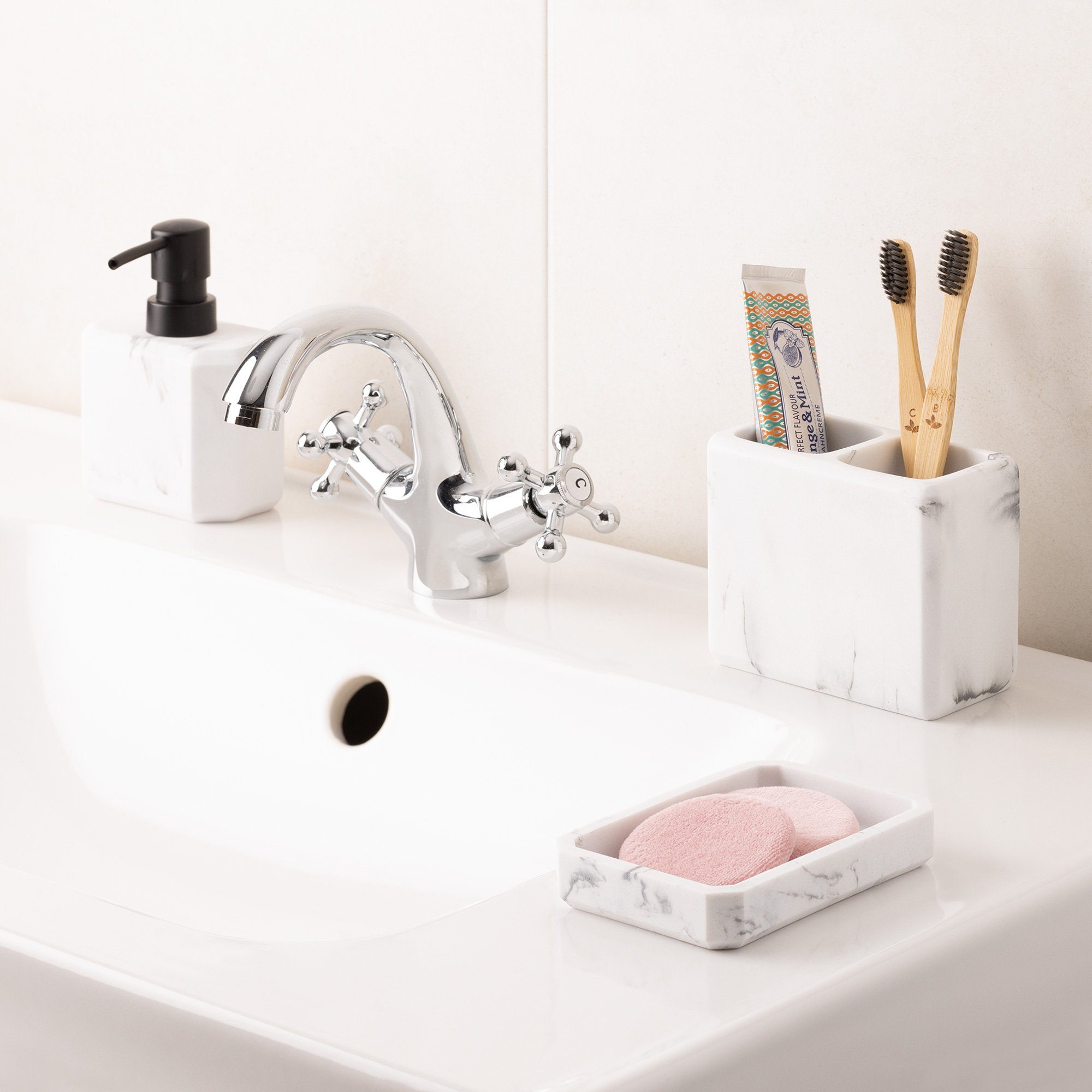 Navaris Badaccessoire-Set Badezimmer Set 3-teilig Marmoroptik - Bad Accesso günstig online kaufen