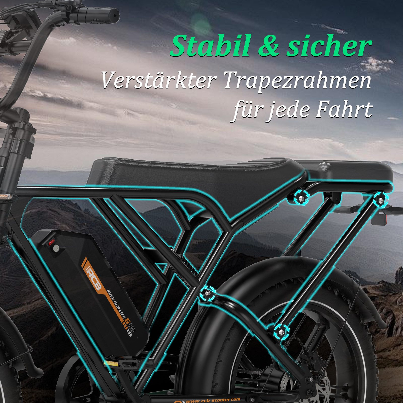 RCB E-Bike Pedelec G19, NFC&APP, 20.8Ah, 60–90 KM range, 20×4.0 inch electric bicycle, 7-speed, derailleur gears, 250W rear motor, 960 Wh
