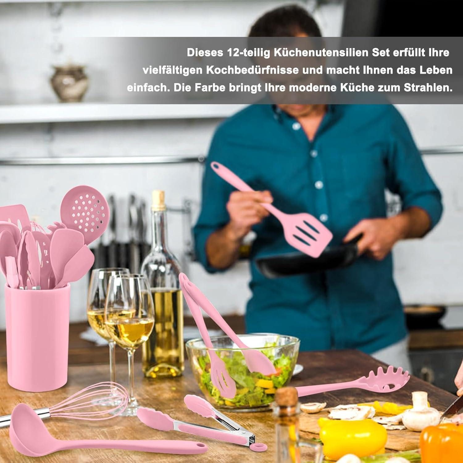 LuxusKollektion Kochbesteck-Set Küchenhelfer Silikon 12tlg Hitzebeständig Antihaft Rosa