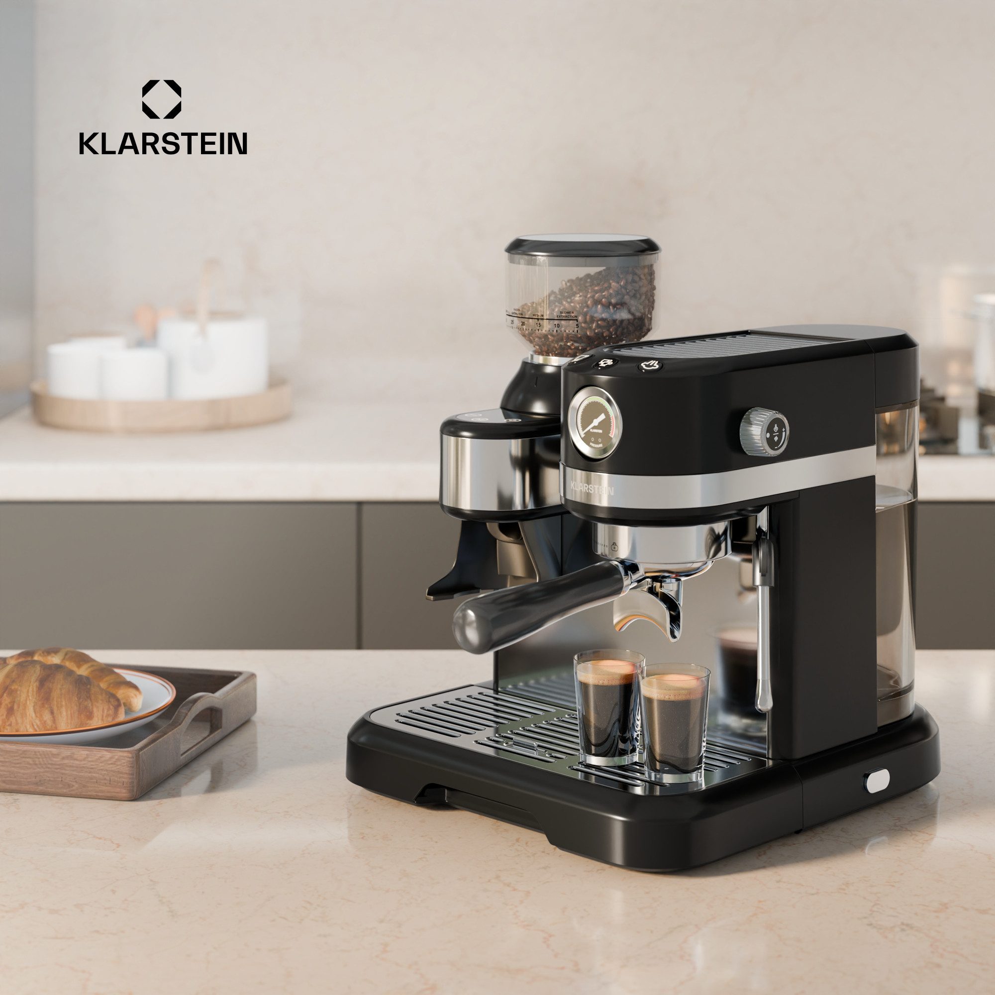 Klarstein Espressomaschine, 1.4l Kaffeekanne, Edelstahl-Siebträger, Elektrisch 19 Bar Espressomaschine Kaffemaschine Kegel-Mahlwerk