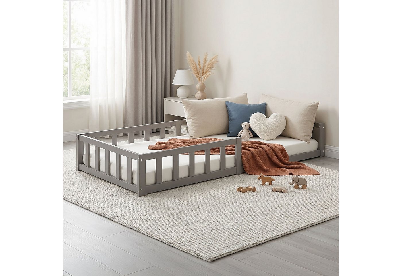 Homestyle4u Kinderbett 90x200 120x200 mit / ohne Matratze Natur Bodenbett Montessori (Komplett-Set mit Lattenrost, Matratze mit OEKO-TEX® Standard 100), mit Rausfallschutz
