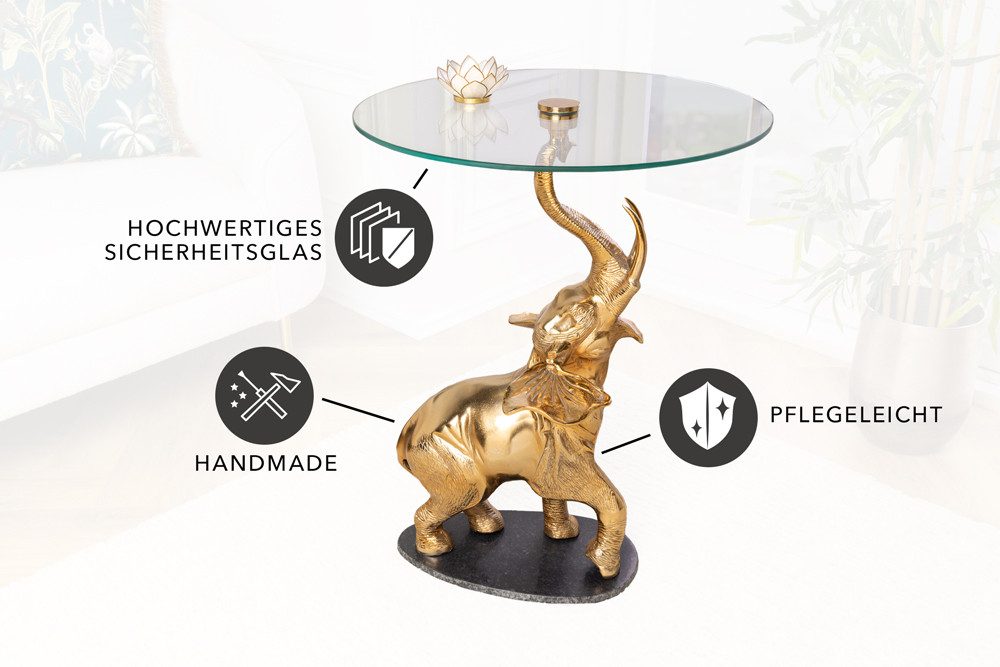 riess-ambiente Beistelltisch ELEPHANT 80cm transparent / gold (Einzelartikel, 1-St), Wohnzimmer · Glas · Metall · Marmor · rund · Skulptur · Modern Design