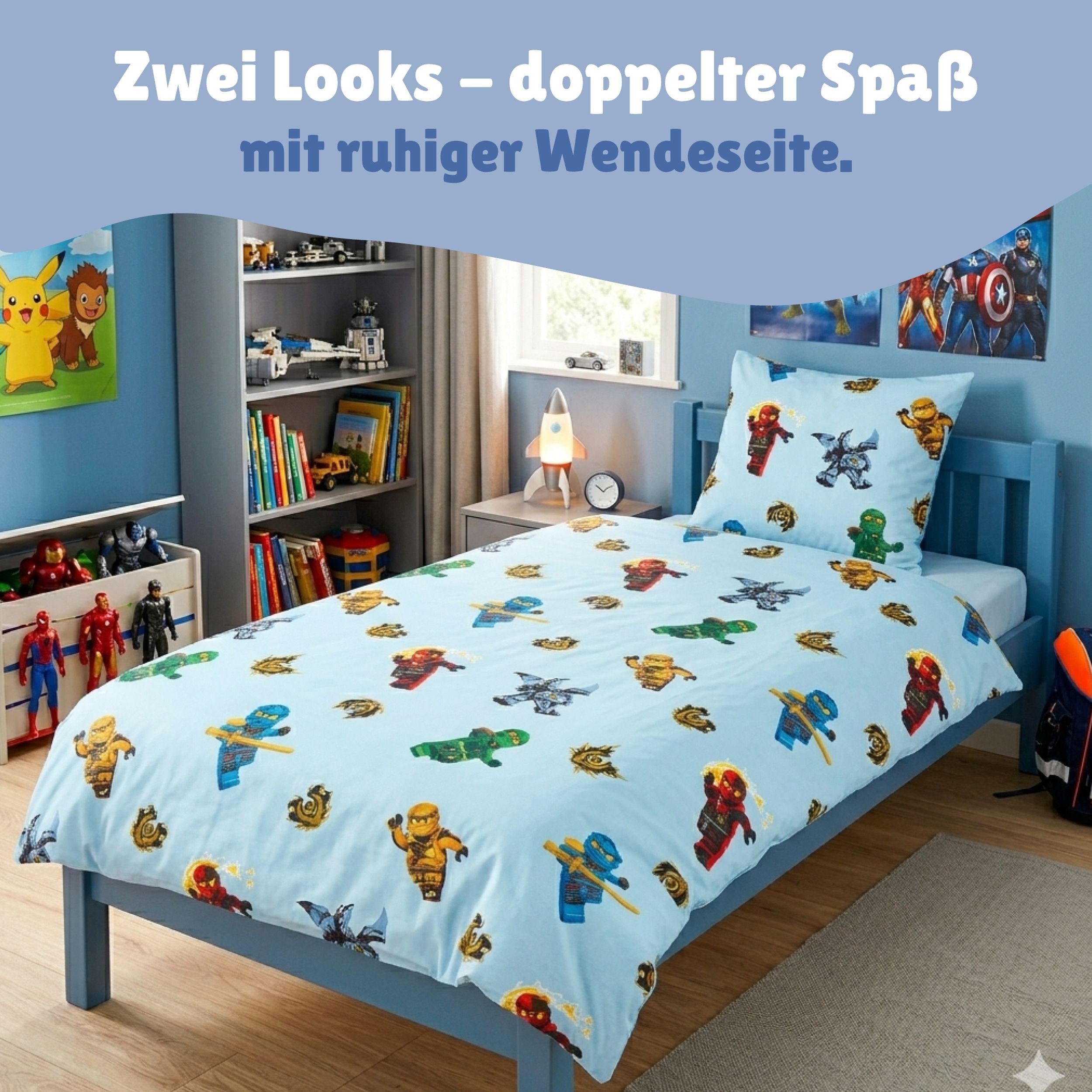 Familando Kinderbettwäsche Lego Ninjago Blau mit Lloyd Jay Kai uvm. aus 100% Baumwolle, Renforcé, 2 teilig, 135x200 80x80cm mit Reißverschluss, Wendebettwäsche – Bild 5 von 5