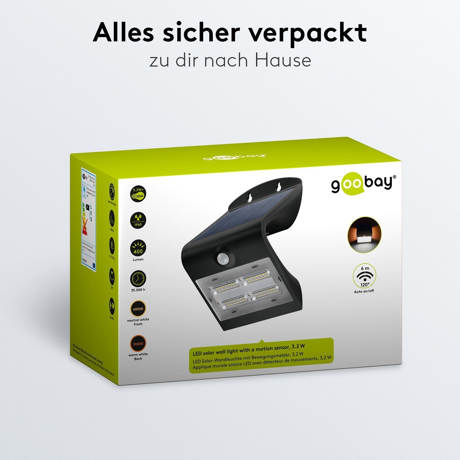 Goobay LED Solarleuchte LED Solar Außenstrahler mit Bewegungsmelder 3,2 W Scheinwerfer, LED fest integriert, Neutralweiß, 4000 K / 400 lm / Hochwertiges Solarpanel / Schwarz