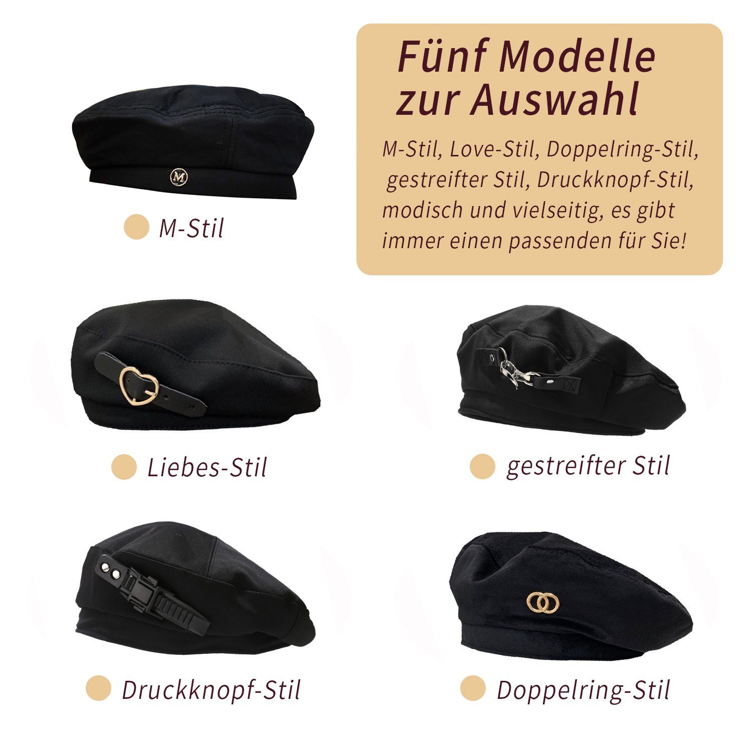 dekorative Elegante Stil Schwarz Baskenmütze 4 Lederschnalle, Liebe Beret MAGICSHE