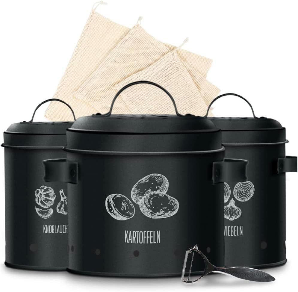 KitchenQuality Vorratsdose Kartoffelaufbewahrungsbox 3er-Set aus Metall inkl. Schäler & Beutel, Metall, 22,2×21,5, 13,8×19, 11,5×17 cm für Kartoffeln, Zwiebeln & Knoblauch