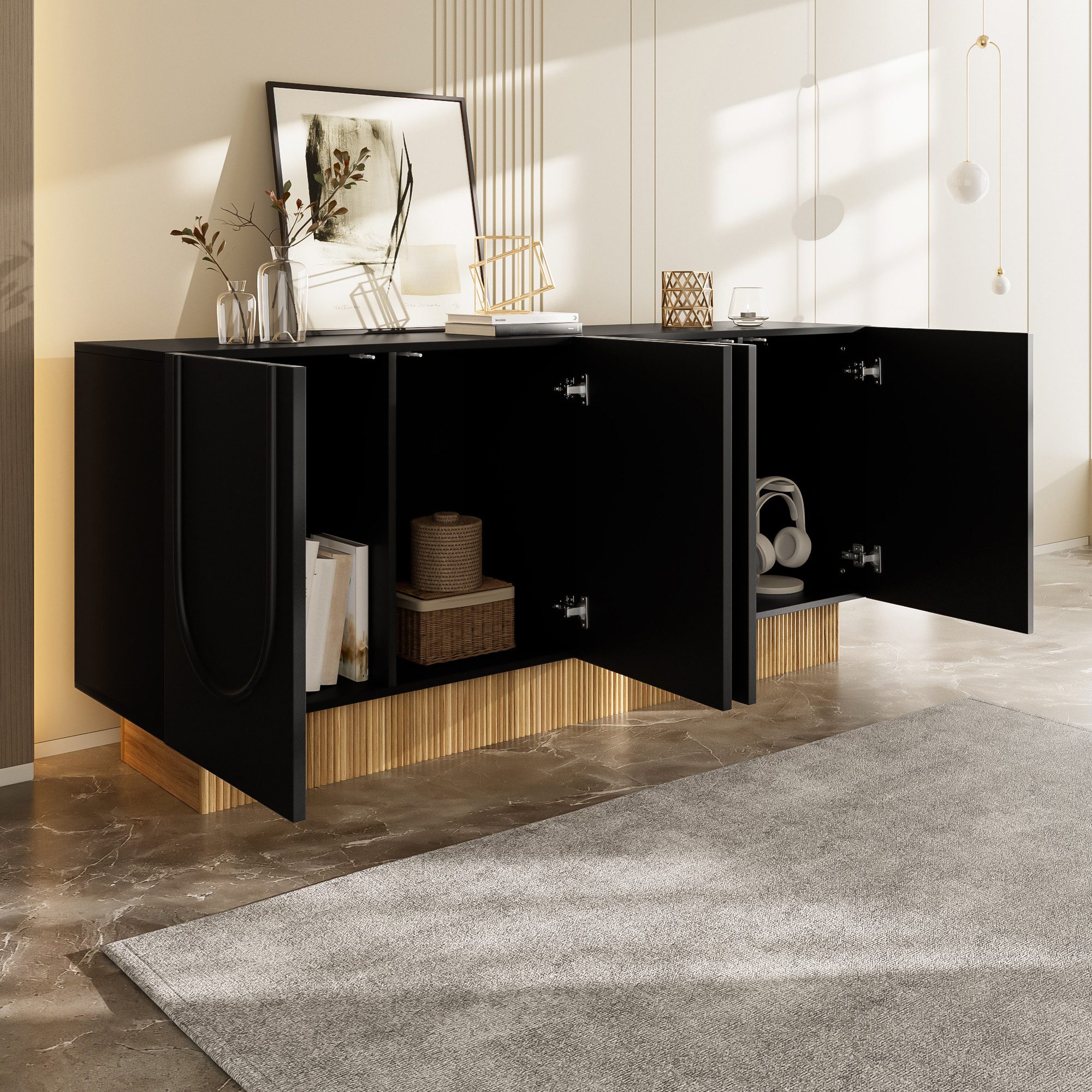 Merax Sideboard mit U-Relief-Design & dekorativer Holzstruktur (1 St., 160×75×38 cm), Kommode mit 4 Türen und großen Innenfächern, Anrichte, Buffetschrank – Bild 4 von 5