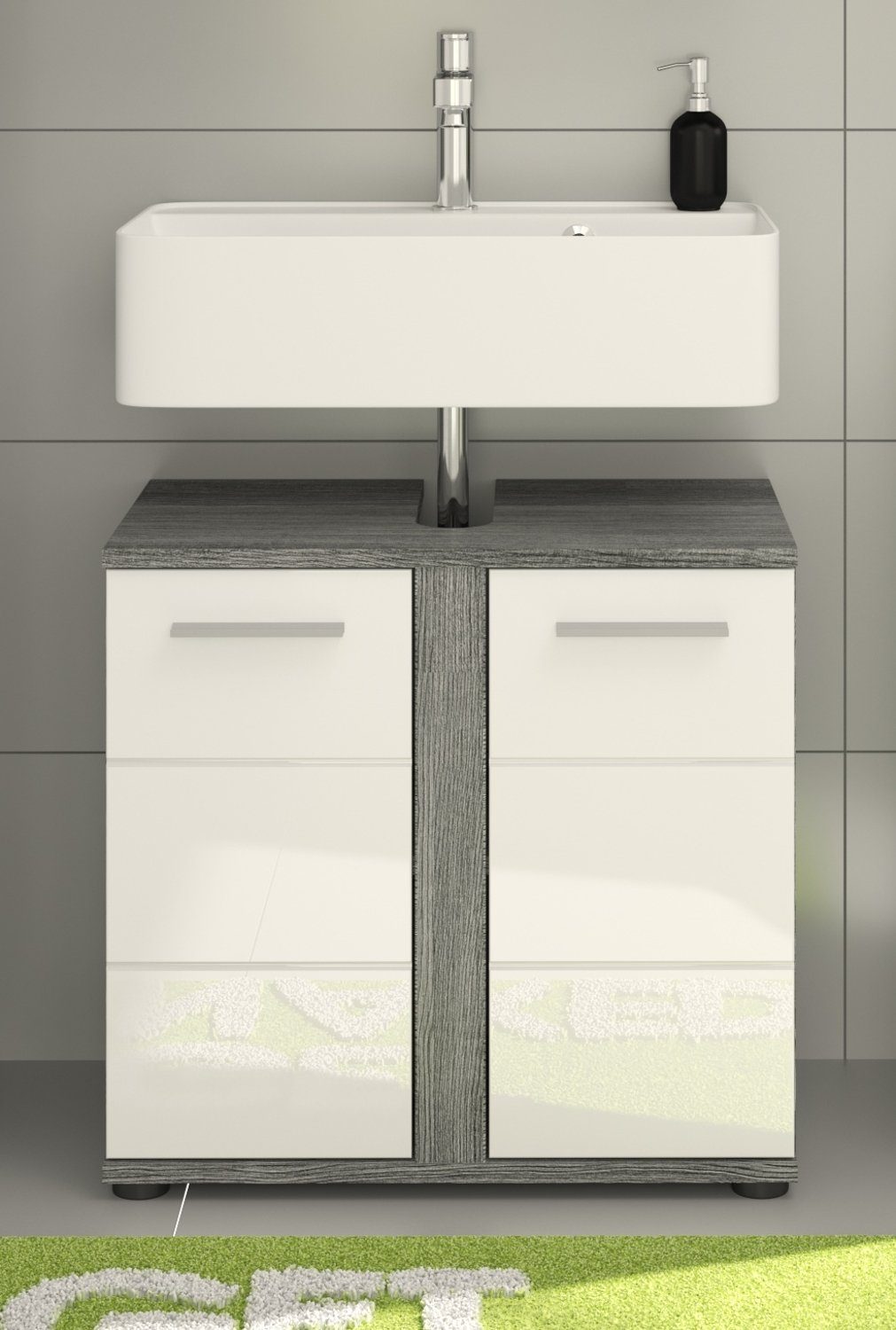 Fächer Waschbeckenunterschrank grau Rauchsilber, Hochglanz (Waschtisch xonox.home und 2 weiß 2-türig, cm) 60 Blake Unterschrank Breite