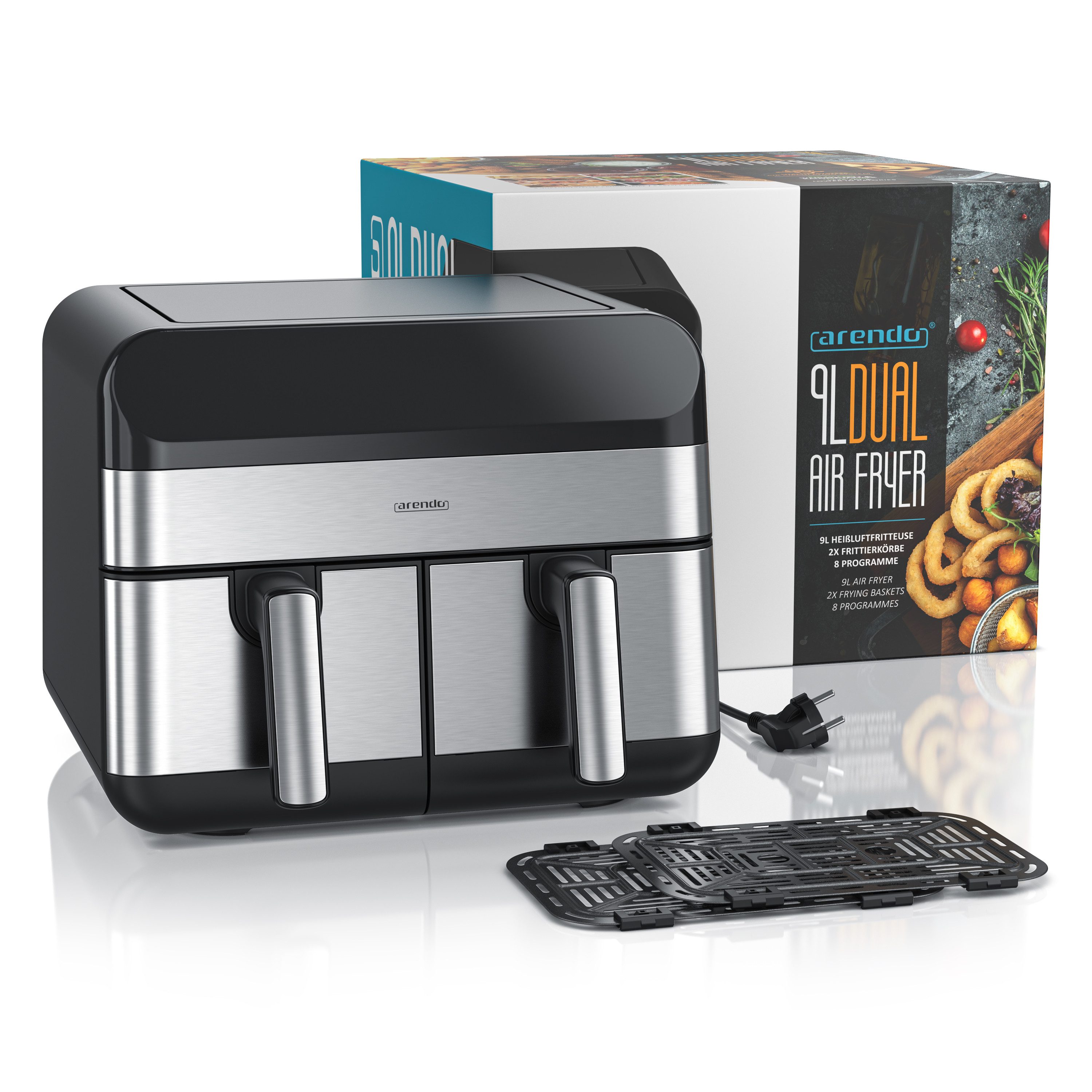 Arendo Heißluftfritteuse XXL Doppelkammer Airfryer 9L, Dual Zone, Backofen, Dörrautomat, 2400 W, mit Zubehör, Touchscreen, 3D Umluftsystem, fettarmes gesundes Kochen