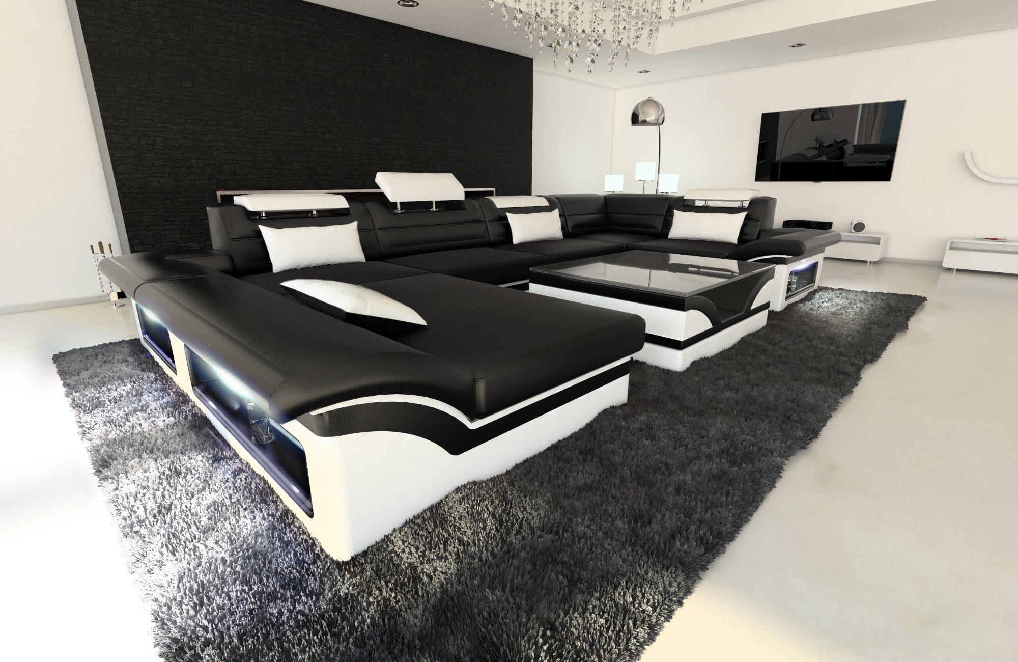 U Dreams Sofa Ledersofa, LED, Ledercouch Bettfunktion Sofa Enzo als Wohnlandschaft wahlweise Schlafsofa, mit Leder Form Designersofa mit Couch,