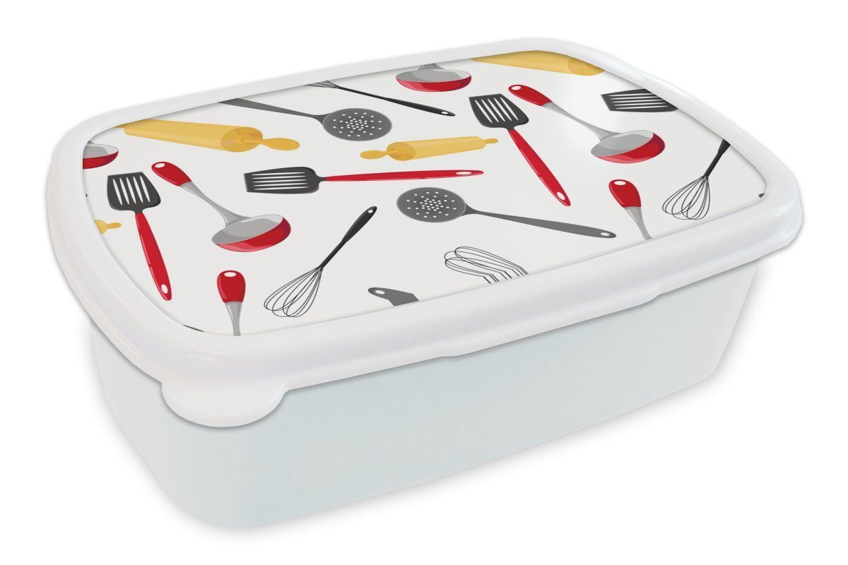 MuchoWow Lunchbox Muster - Küchenutensilien - Spatel - Nudelholz, Kunststoff, (2-tlg), Brotbox für Kinder und Erwachsene, Brotdose, für Jungs und Mädchen weiß