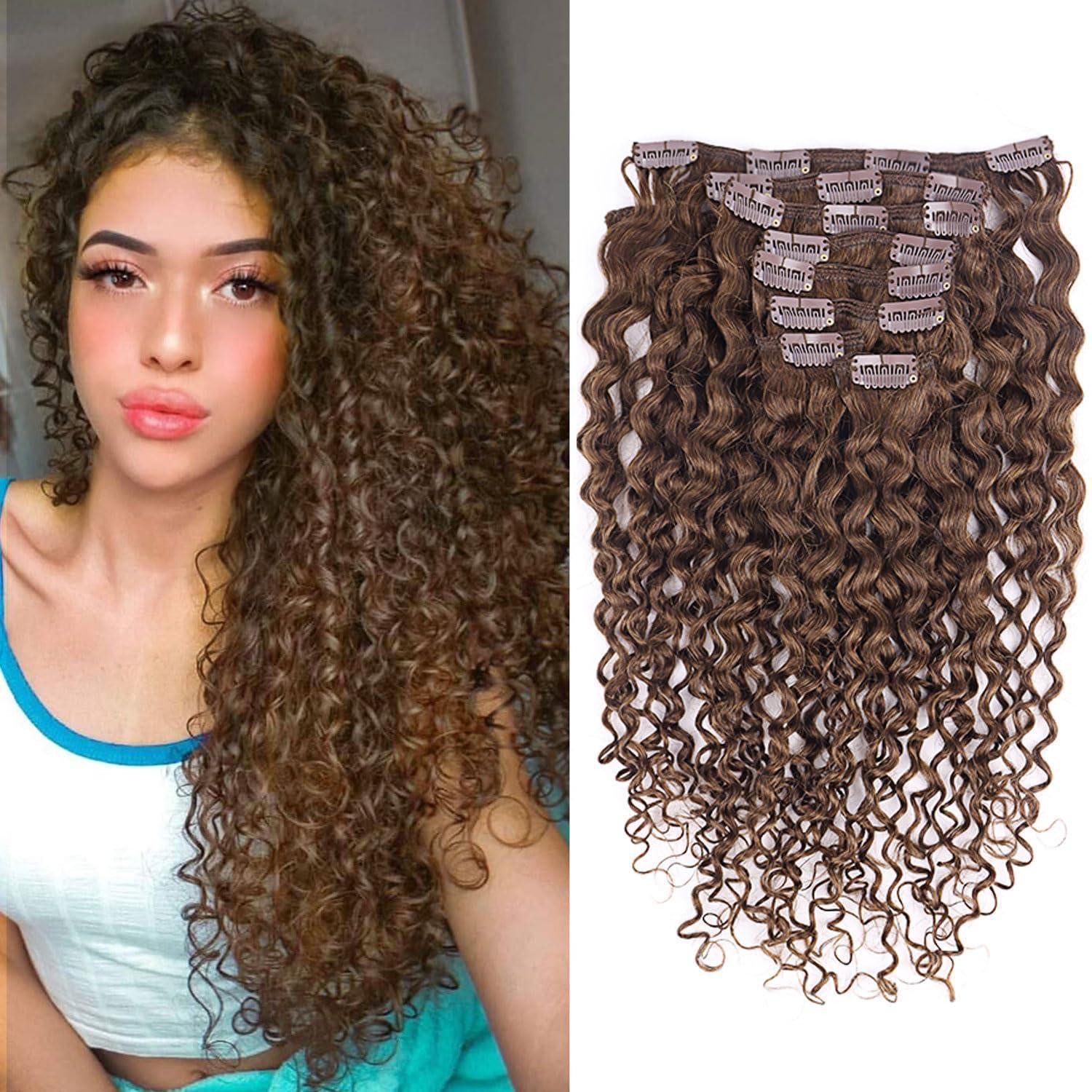 LuxusKollektion Echthaar-Extension Extensions Clip in Echthaar Kinky Curly 55cm 22 INCH Dunkel Braun JC