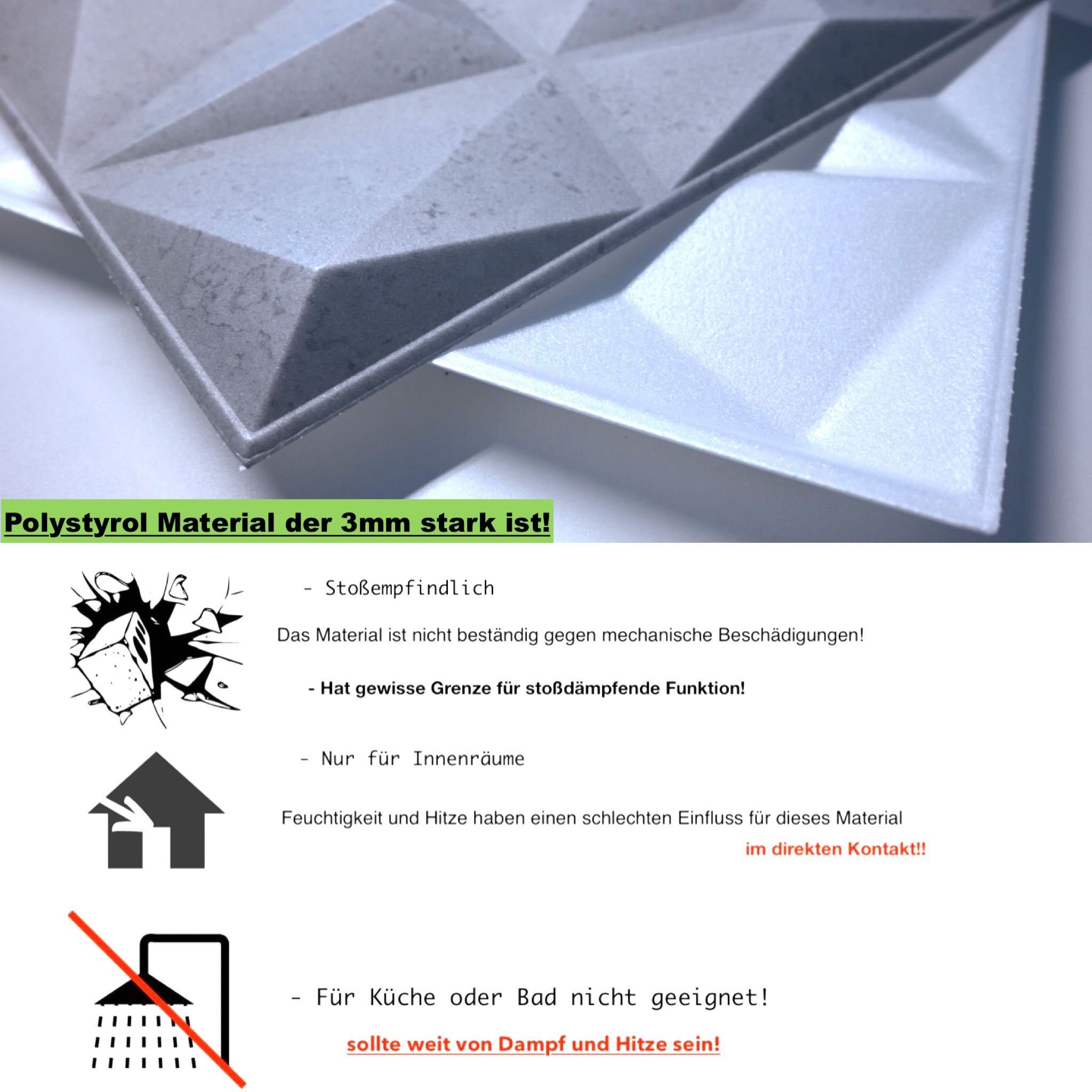 IKHEMalarka Diamant 3D cm, Betonlook, 0,50 4m²/16PCS 50,00x50,00 41 qm Deckenpaneele Wandverkleidung Wandpaneel POLYSTYROL BxL: