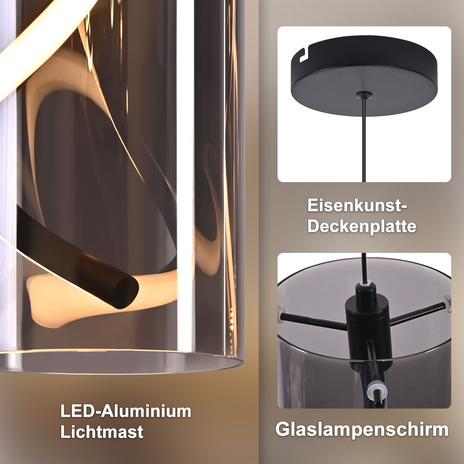 ZMH LED Pendelleuchte Esstisch Hängelampe Modern 3000K Hängeleuchte Glas 1/3 Flammig, LED fest integriert, Warmweiß, 11W Schwarz Pendellampe für Wohnzimmer Essz – Bild 4 von 5