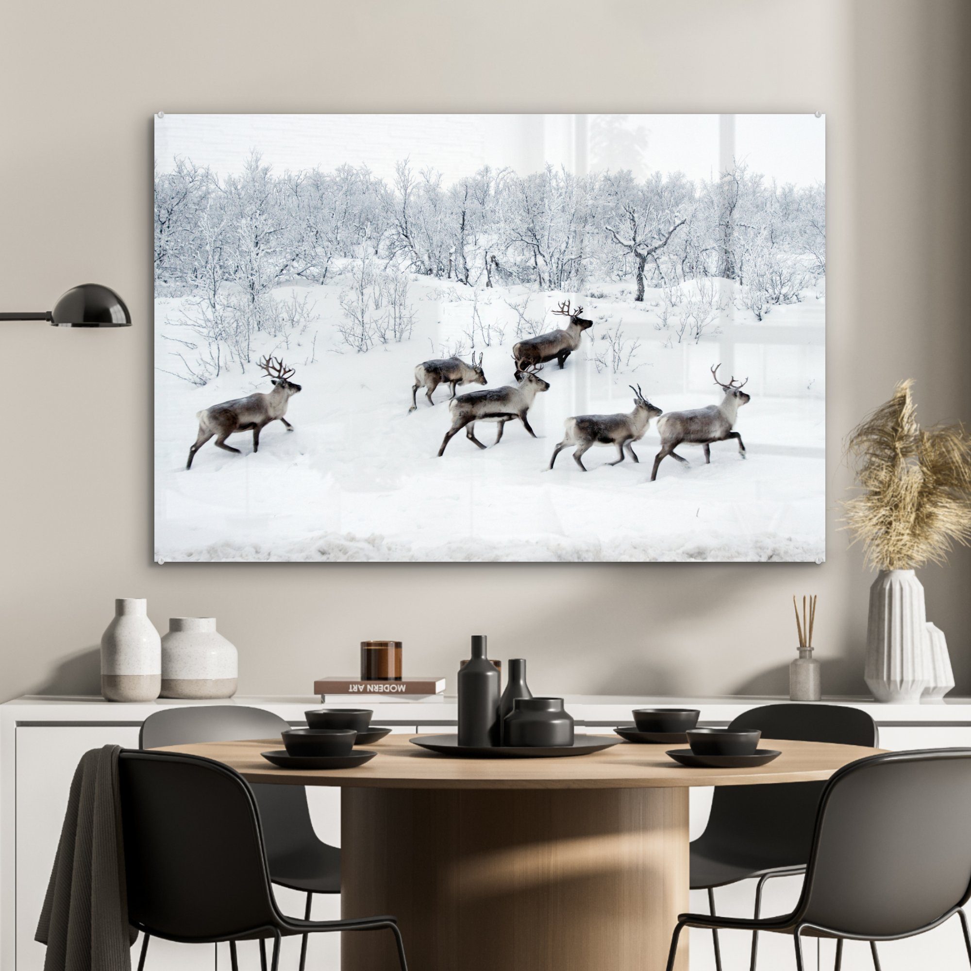 - Acrylglasbild Schlafzimmer St), (1 Winter, Acrylglasbilder - Wohnzimmer & MuchoWow - Wald Schnee Rentier