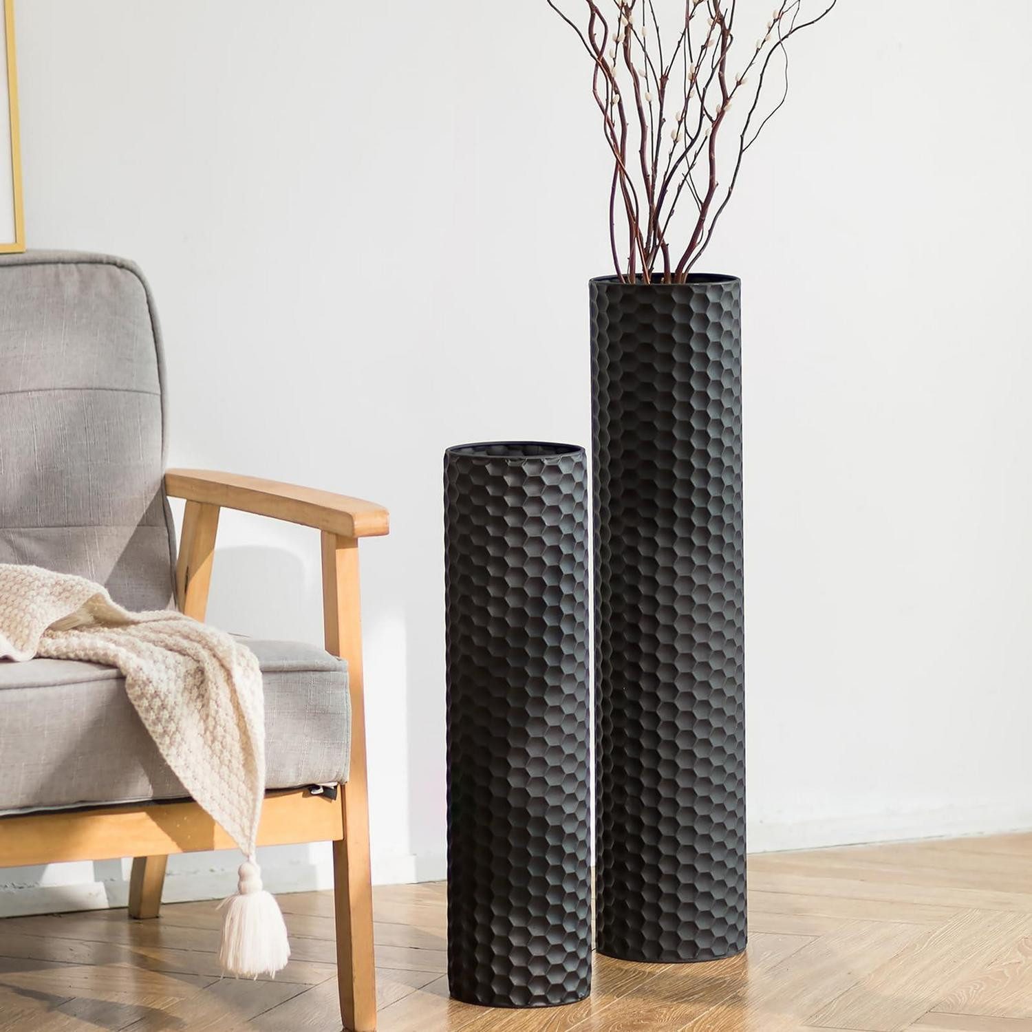 LuxusKollektion Bodenvase Bodenvase Metall Groß 2er Set Schwarz Wabenstruktur