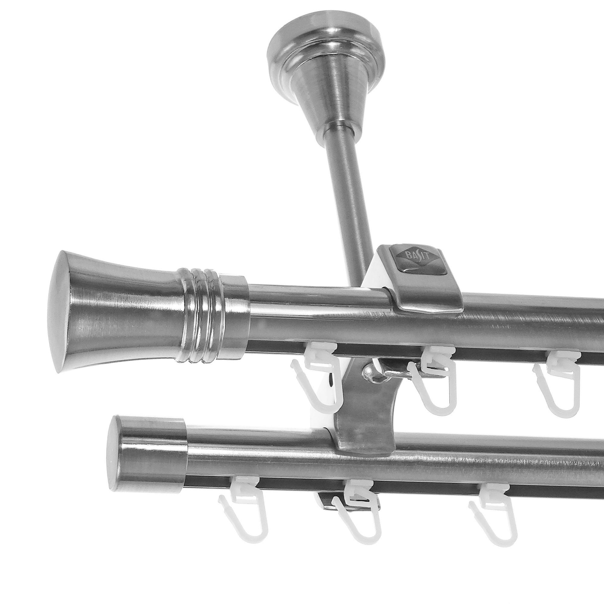 BASIT Gardinenstange Innenlauf Edelstahloptik 20mm mit Deckenträgern 600 cm E86, Ø 20 mm, 2-läufig, verschraubt, Aluminium, D61II 600 cm E86 Knauf