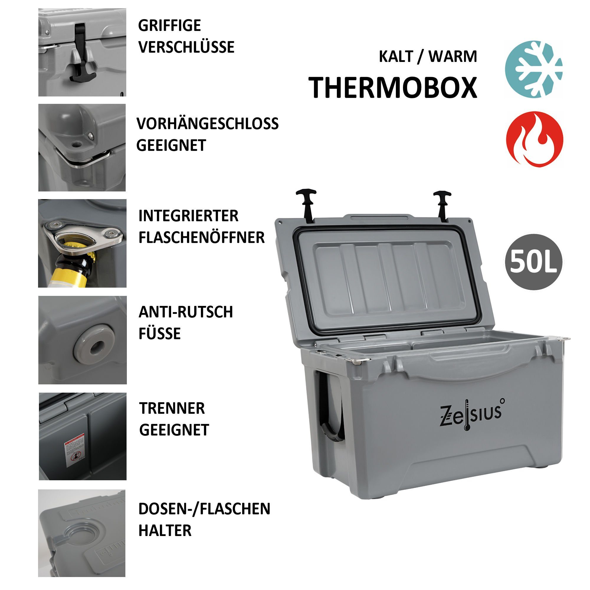 Zelsius Kühlbox Kühlbox weiß Cooling 50 Flaschenöffner Box Liter, 50 Auto für Camping, mit l, ideal