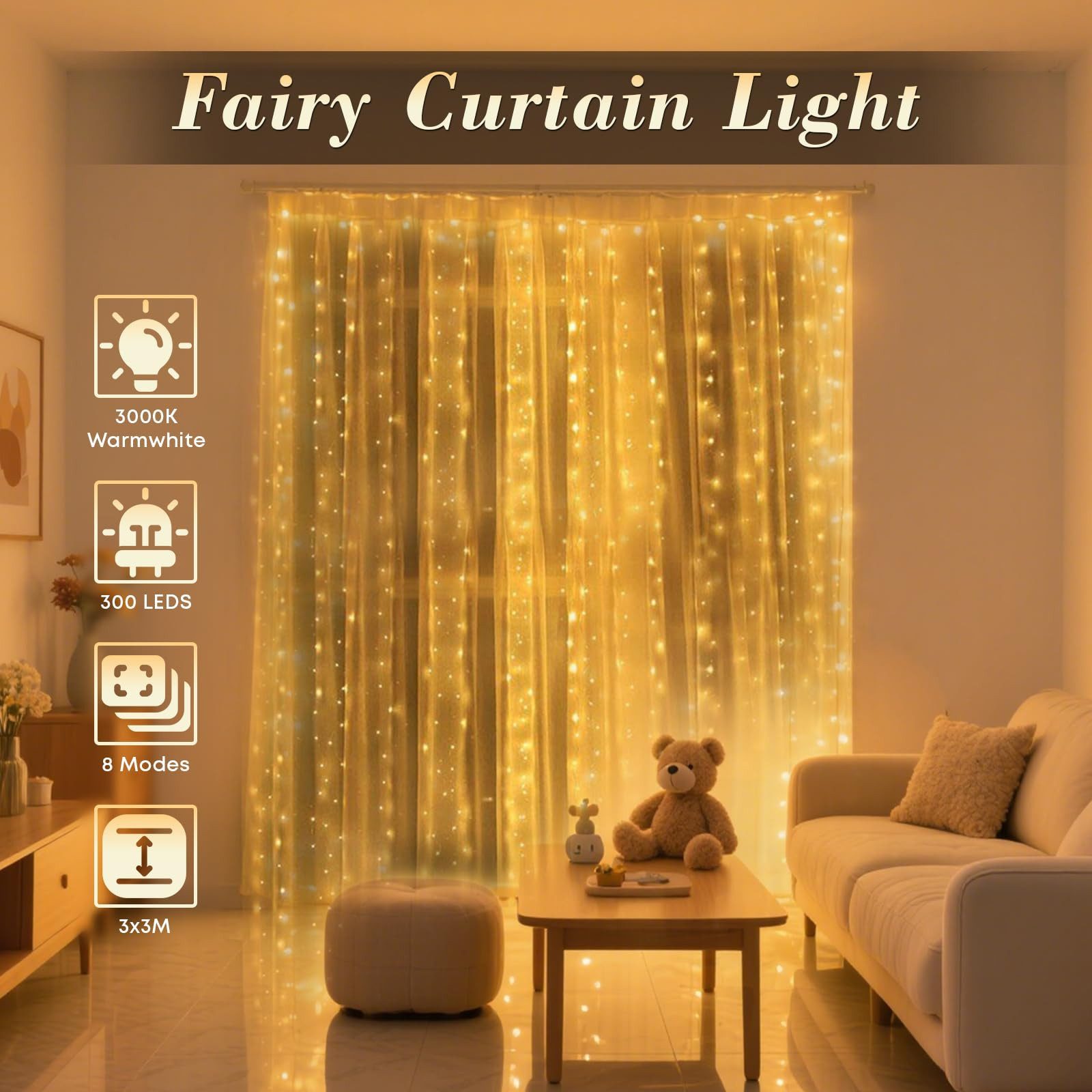 LQWELL LED-Lichtervorhang Lichterkette Fenster 3 x 3m 300 Leds Lichterkettenvorhang, für Innen Außen Zimmer Hochzeit Party Weihnachten Deko