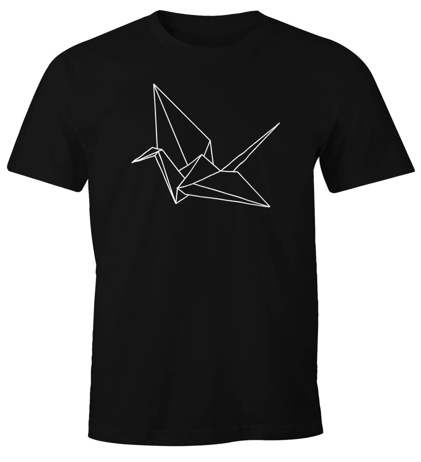 mit Herren MoonWorks T-Shirt Kranich Moonworks® Vogel schwarz Geometrisch Origami Print Crane Bird Print-Shirt