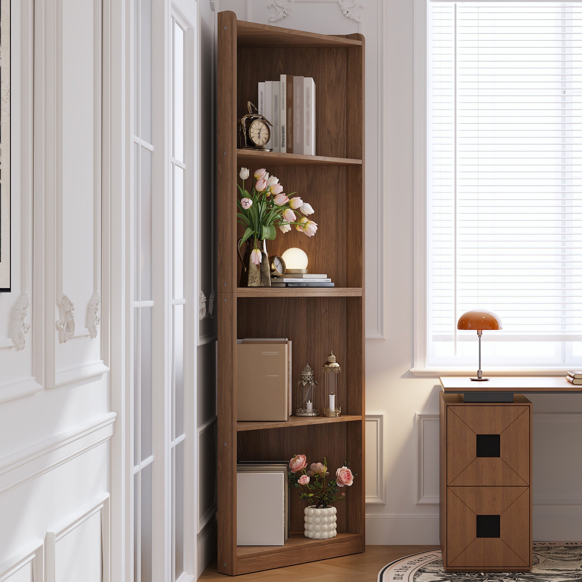 HAUSS SPOLE Eckregal Raumwunder platzsparend,Vitrine Standregal Wohnzimmerschrank Küche, Eck-Hochschrank aus MDF in Walnussoptik 1-tlg., Hoher Stauraum auf kleiner Stellfläche