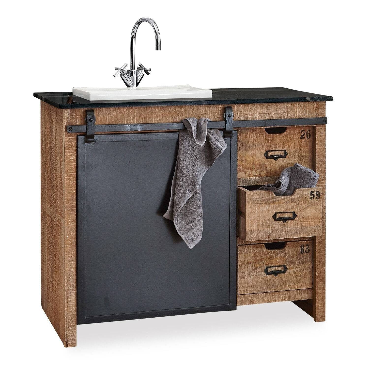 Mirabeau Waschtisch Industrial Design Waschtisch Taylors Island - Mangoholz & Marmorplatte (braun, handgefertigt, edle Marmorfläche, Keramikbecken & Stauraum), Waschbecken mit Unterschrank, B 100cm, H 82cm, T 58cm
